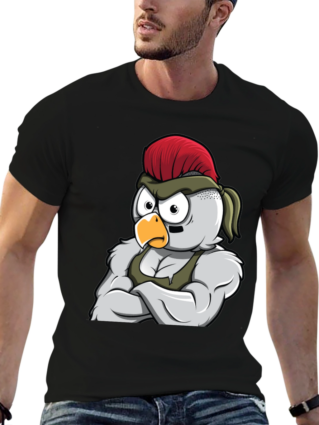 Black T-Shirt with Muscular Chicken Graphic