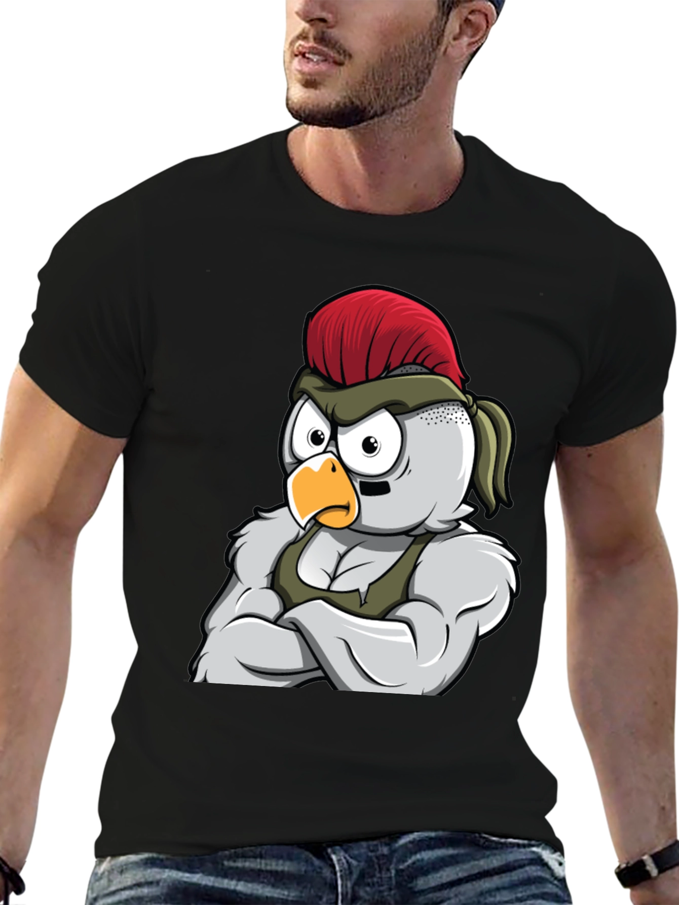 Black T-Shirt with Muscular Chicken Graphic
