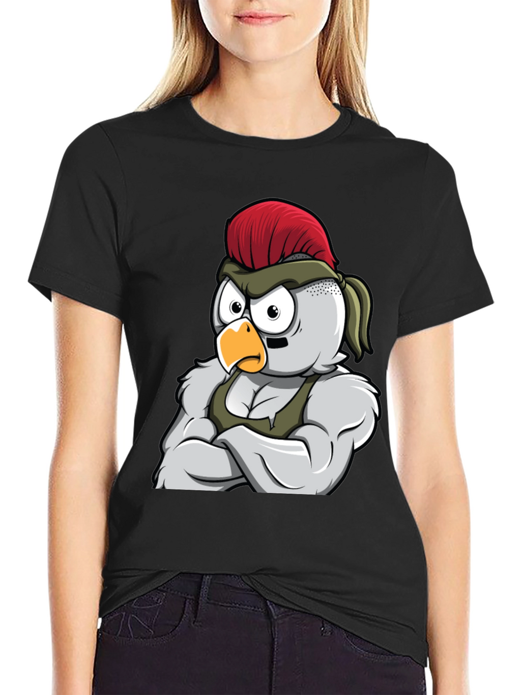 Black T-Shirt with Muscular Chicken Graphic