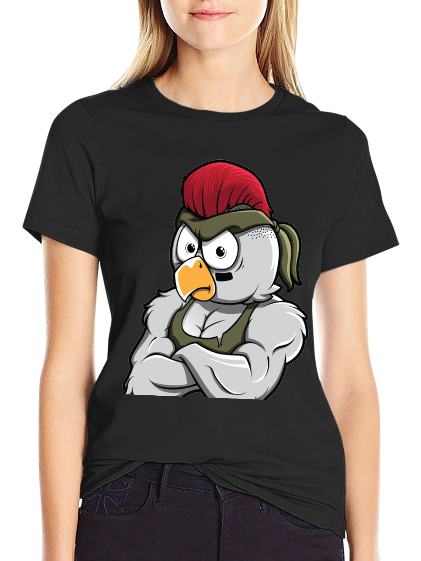 Black T-Shirt with Muscular Chicken Graphic