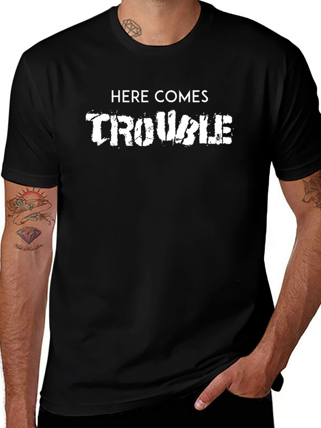 Here Comes Trouble Graphic Print Black T-Shirt