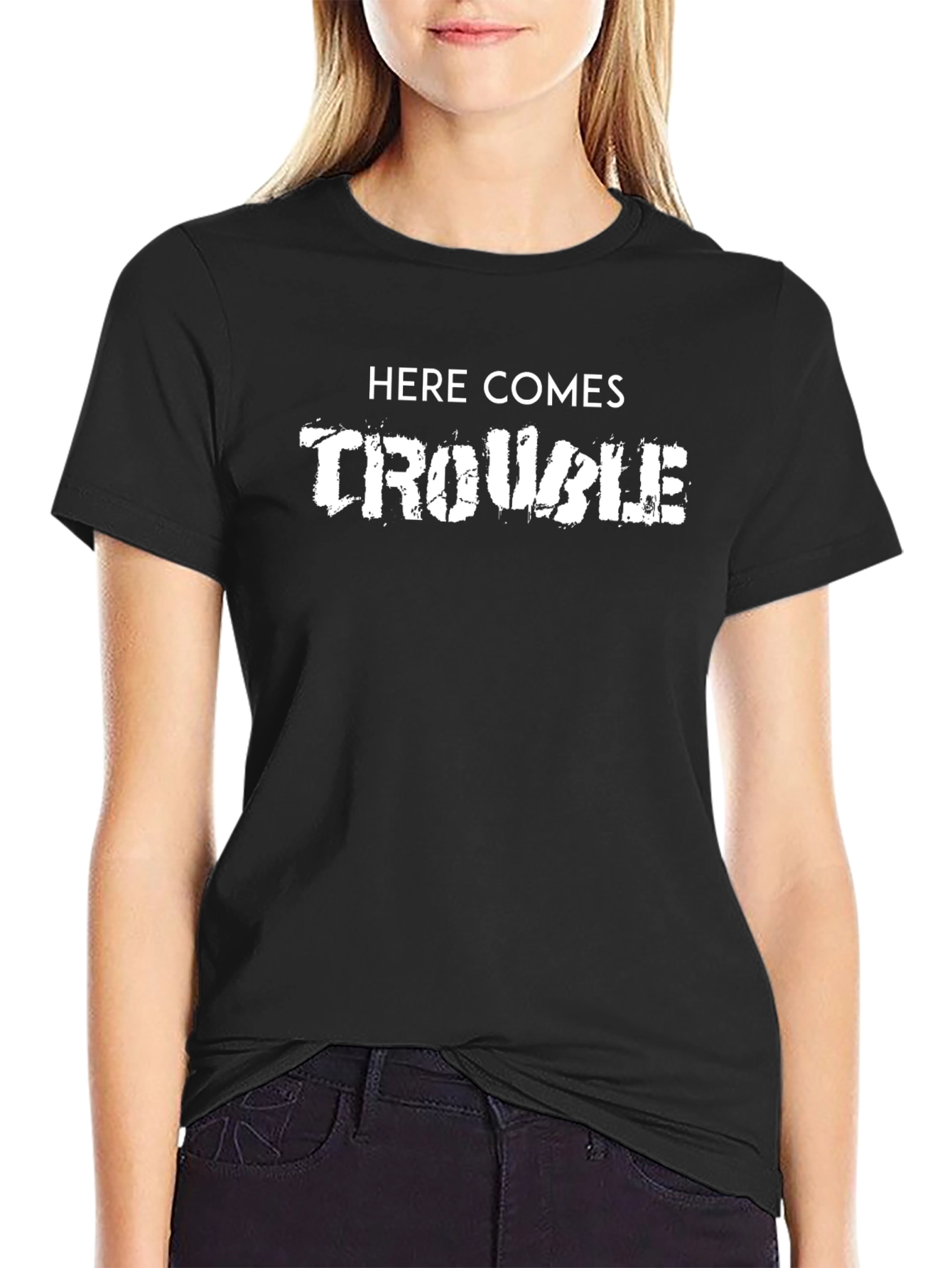 Here Comes Trouble Graphic Print Black T-Shirt