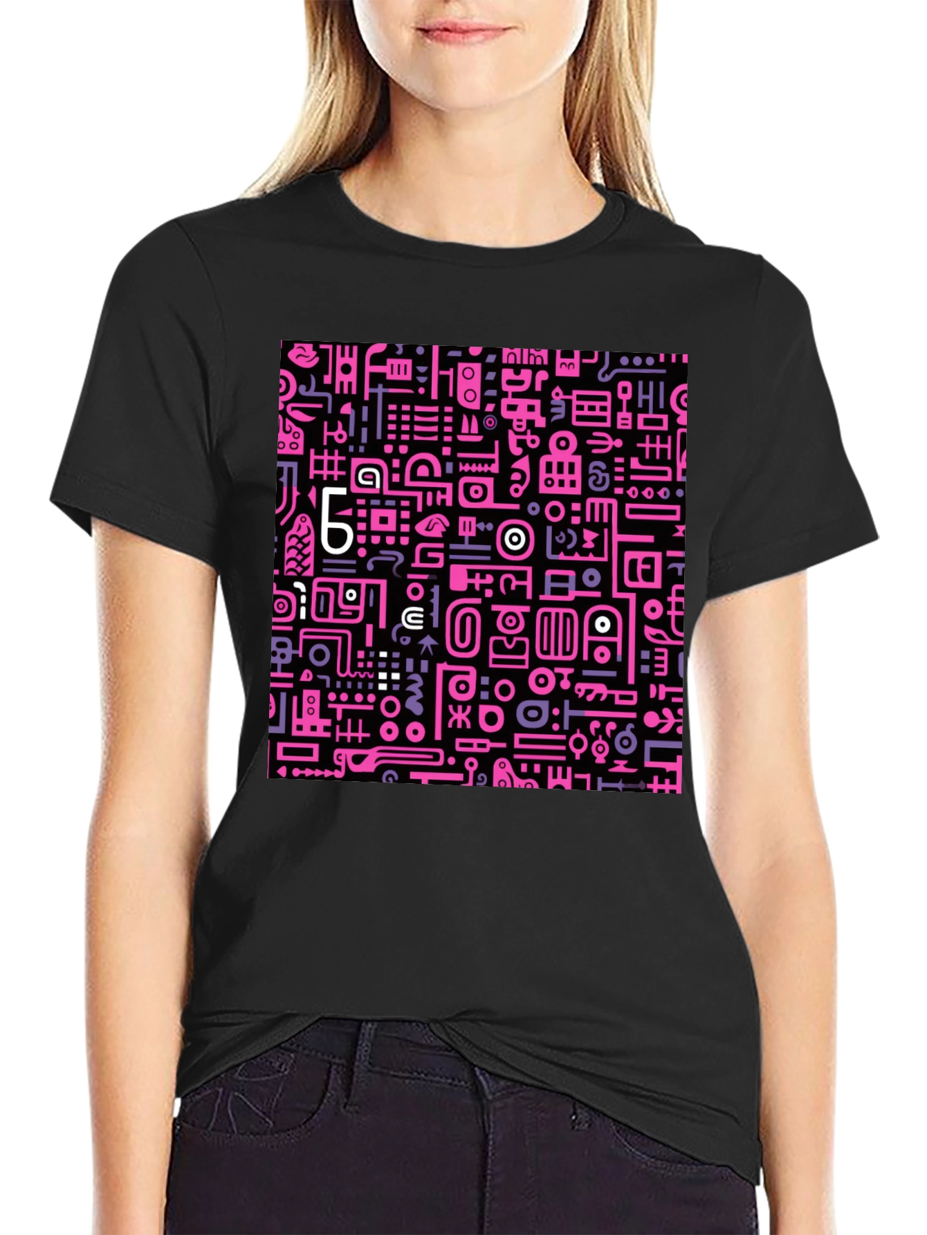 Abstract Pink & Purple Graphic Print Black Tee