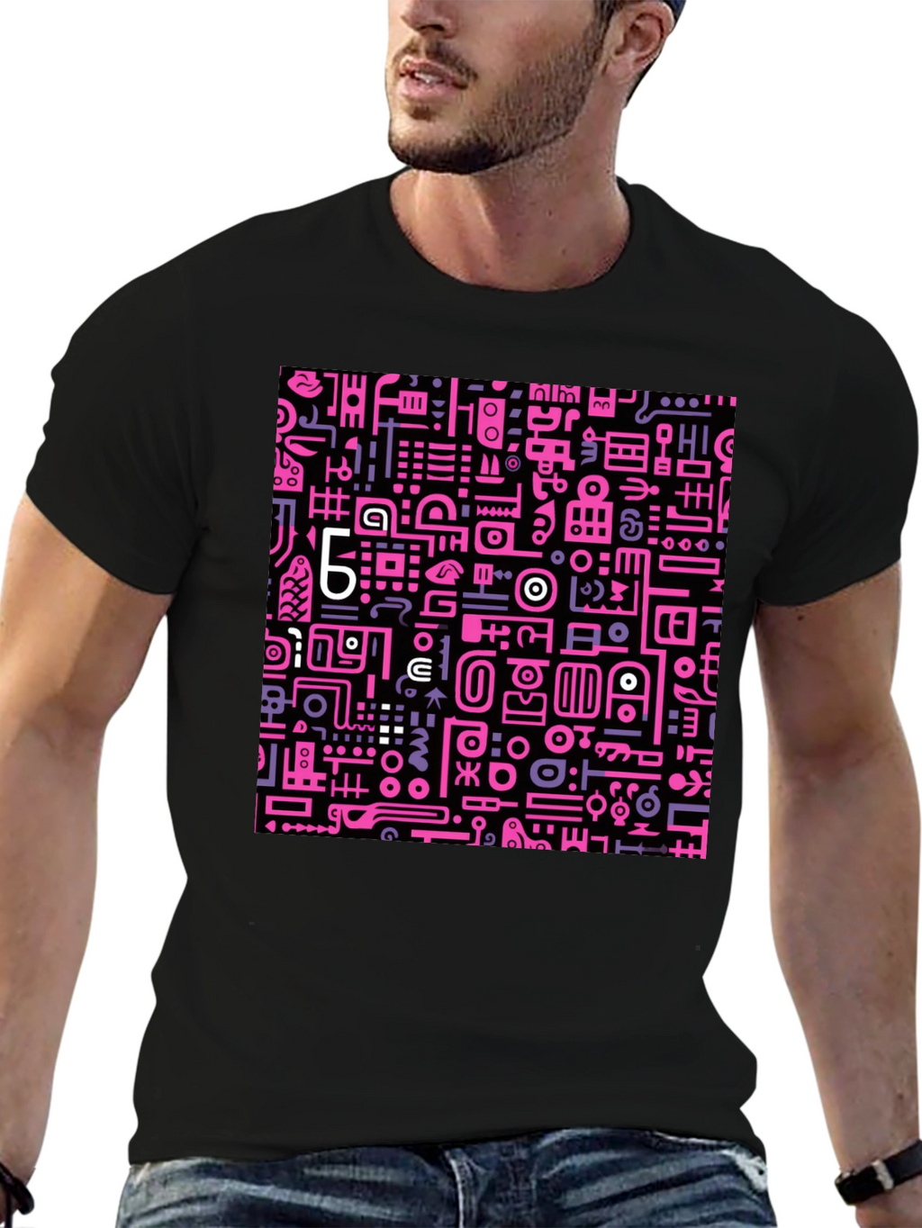 Abstract Pink & Purple Graphic Print Black Tee
