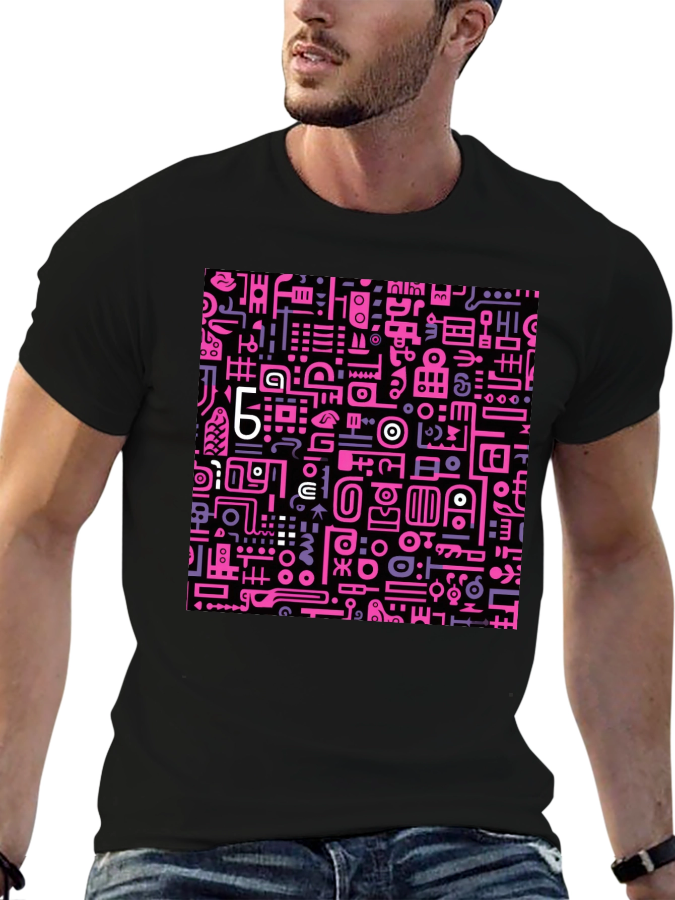 Abstract Pink & Purple Graphic Print Black Tee