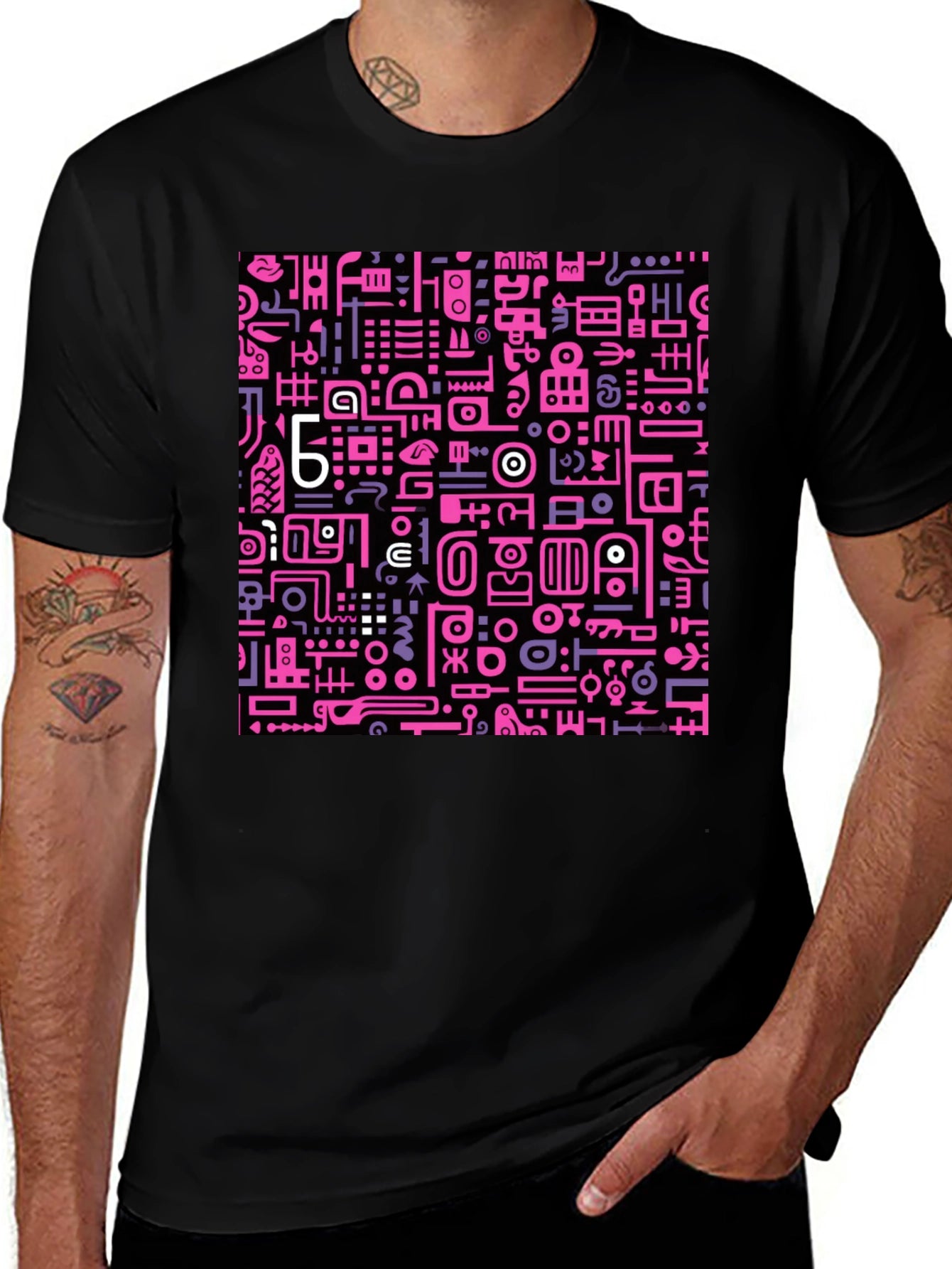 Abstract Pink & Purple Graphic Print Black Tee