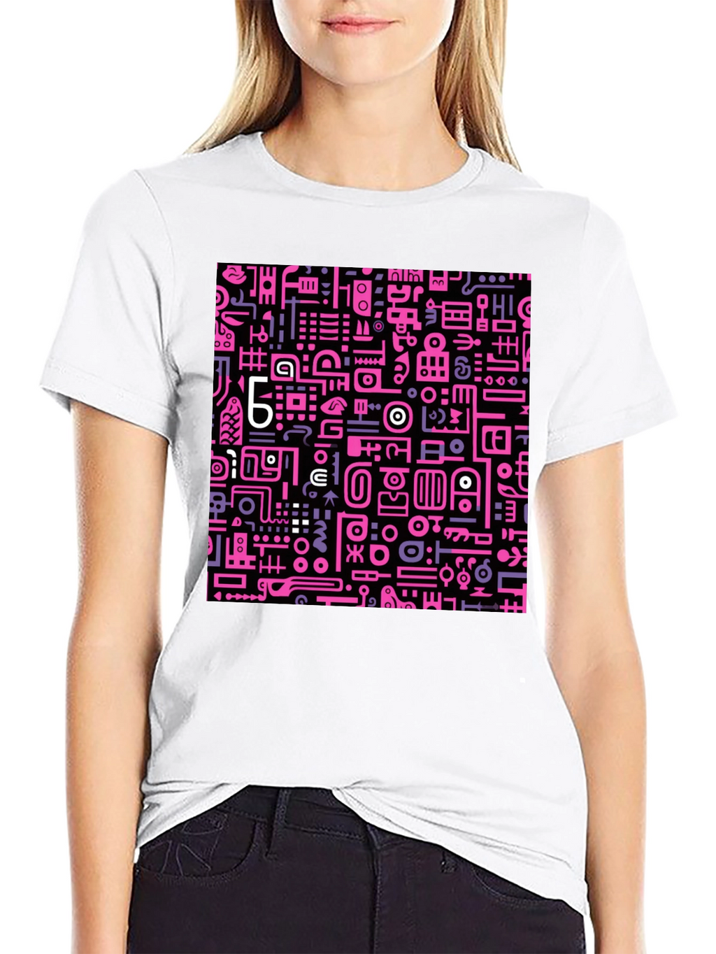 Abstract Pink & Purple Graphic Print Black Tee