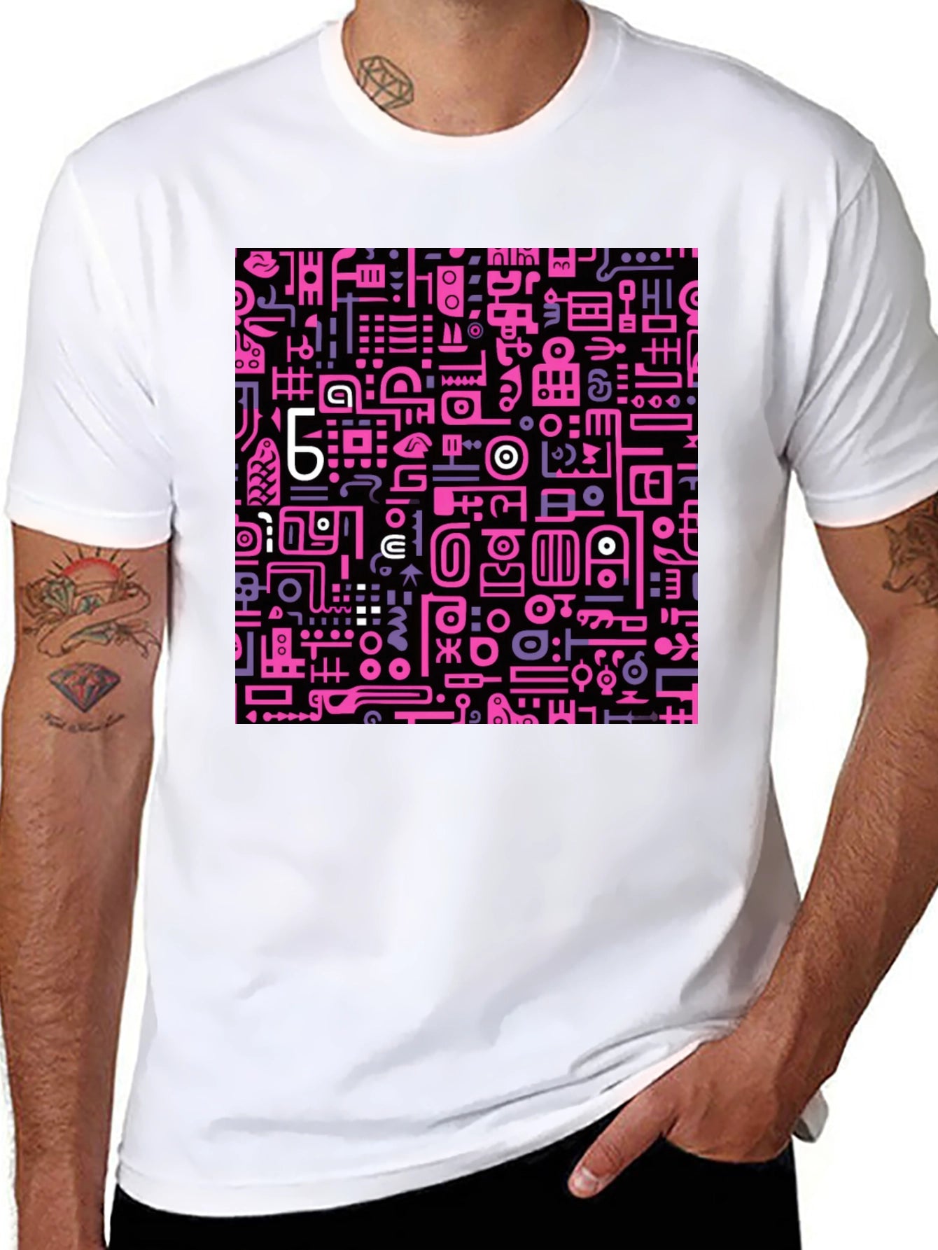 Abstract Pink & Purple Graphic Print Black Tee