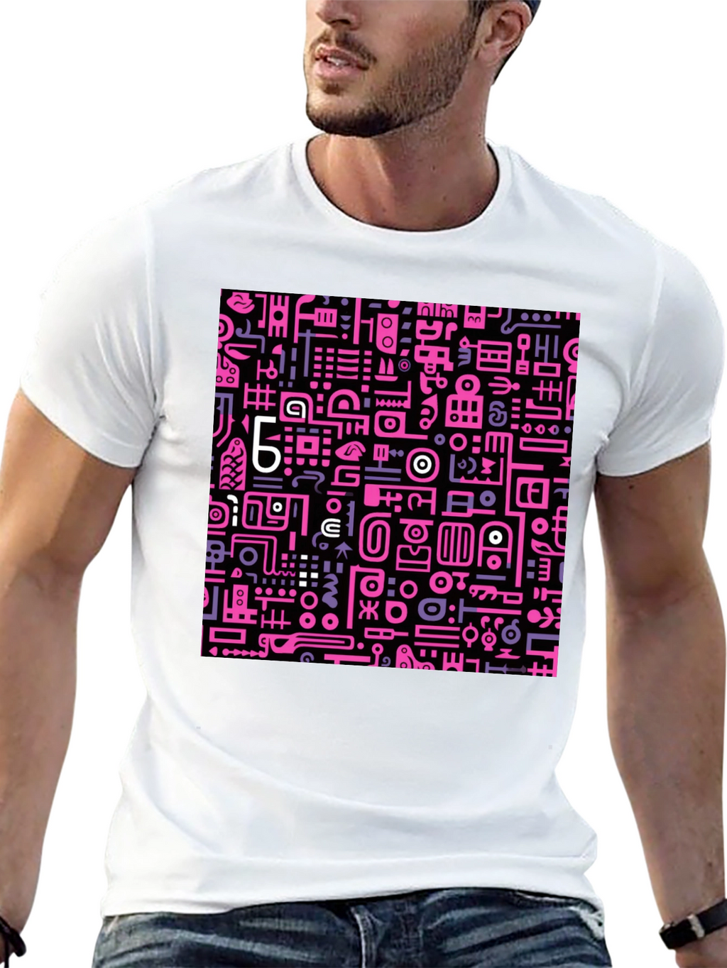 Abstract Pink & Purple Graphic Print Black Tee