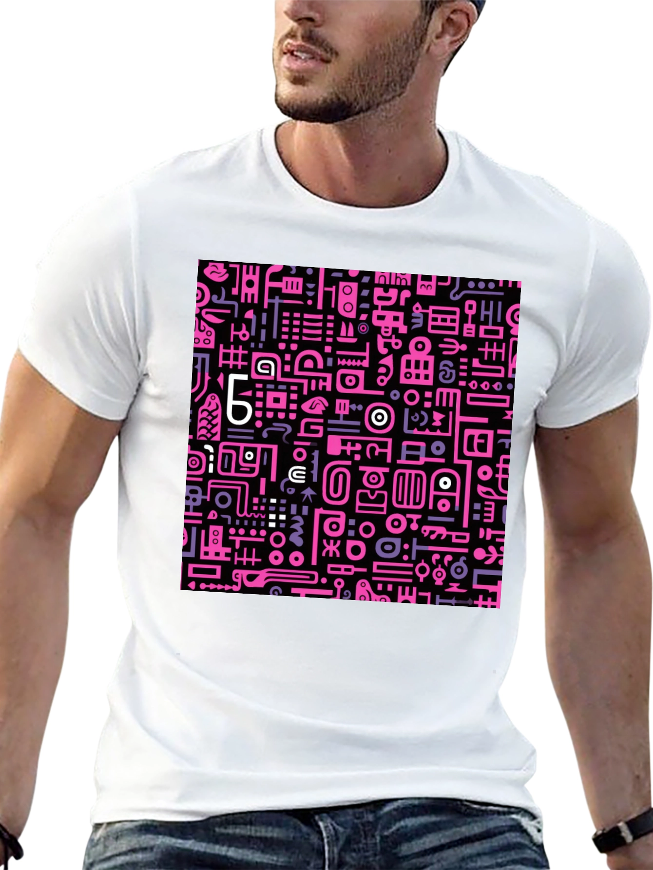 Abstract Pink & Purple Graphic Print Black Tee
