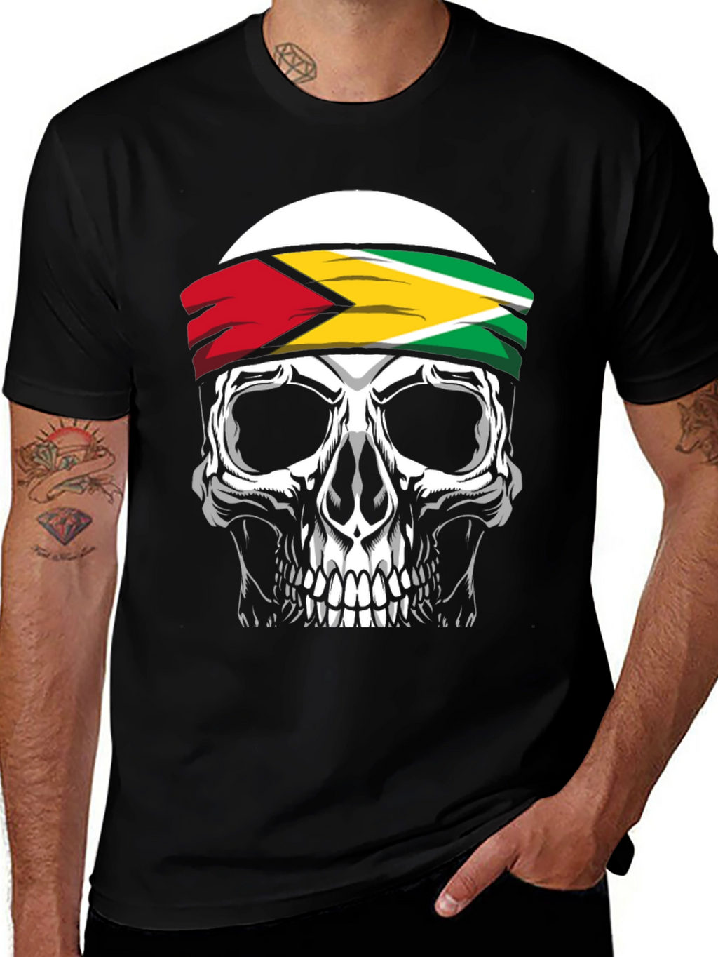 Skull Guyana Flag Headband Graphic T-Shirt