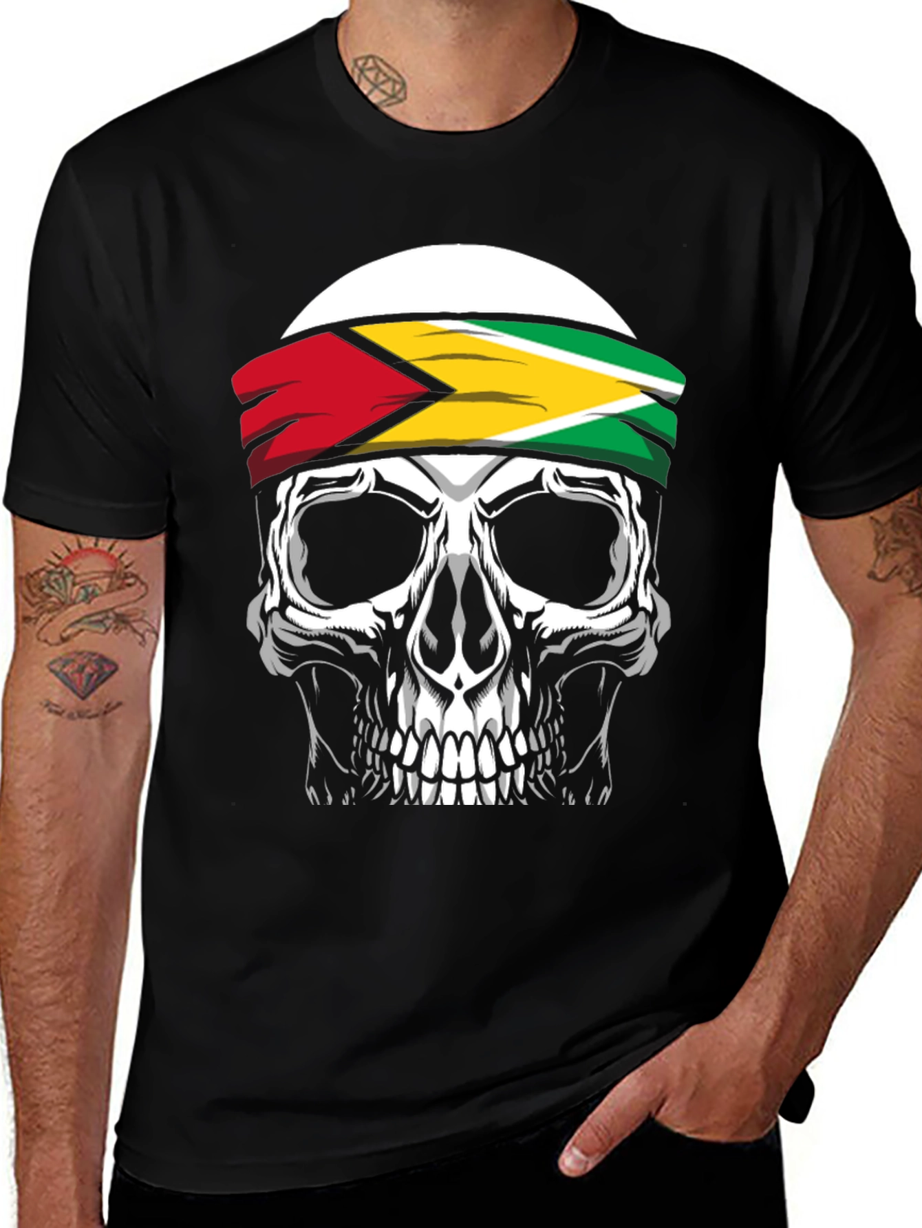 Skull Guyana Flag Headband Graphic T-Shirt
