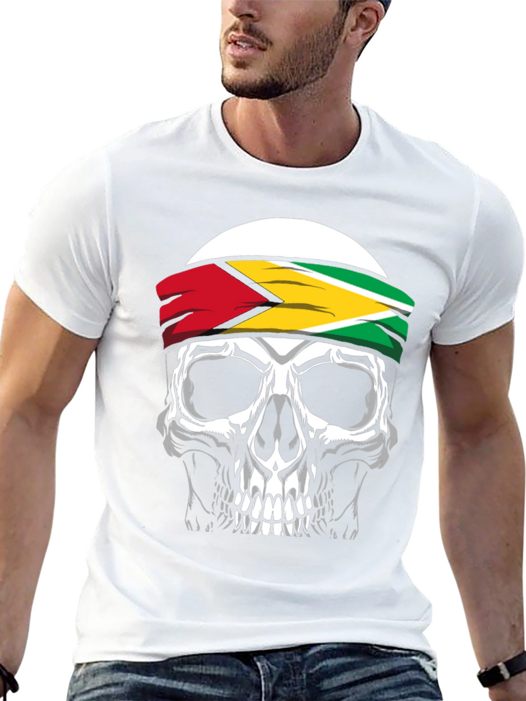 Skull Guyana Flag Headband Graphic T-Shirt