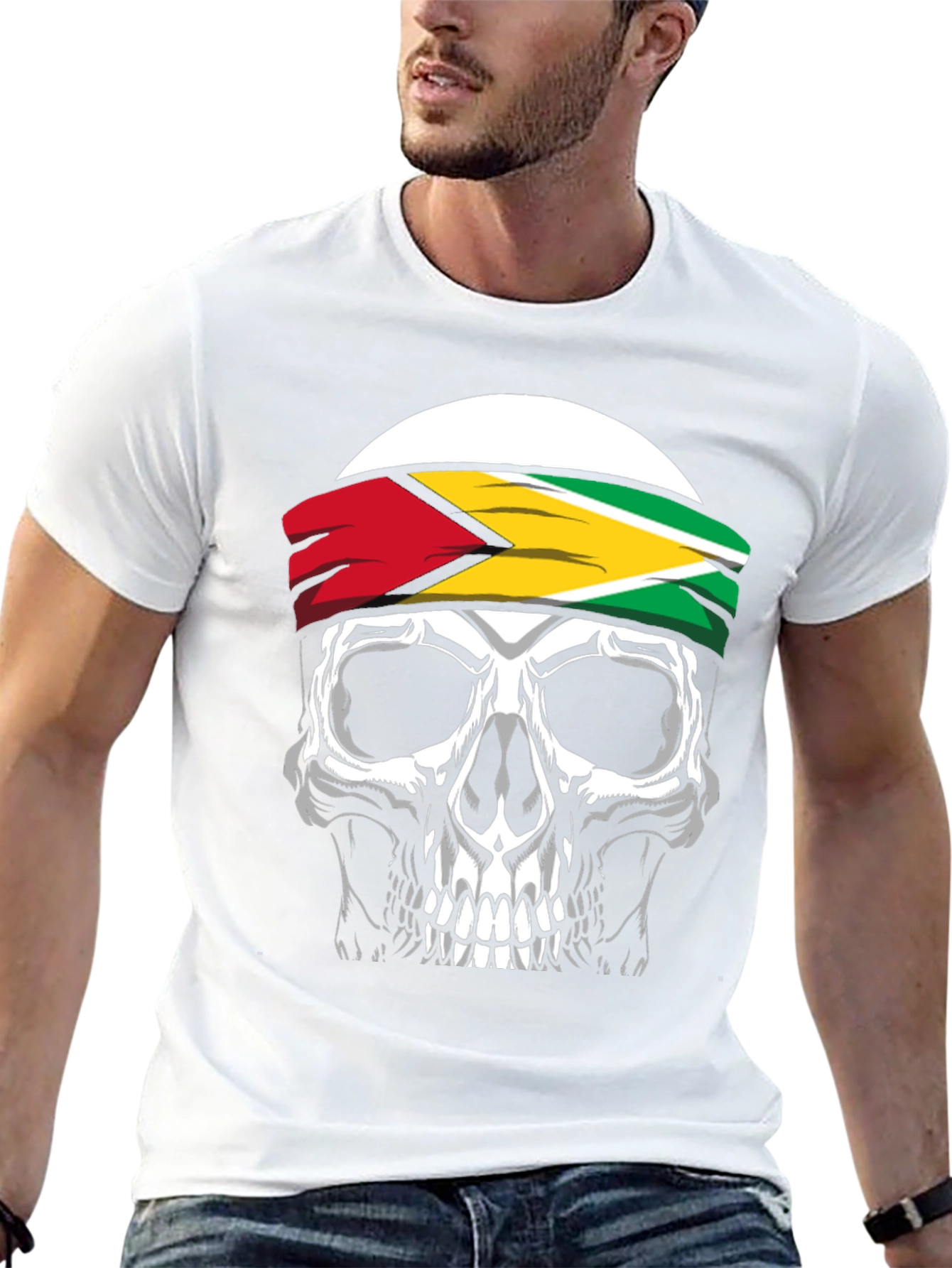 Skull Guyana Flag Headband Graphic T-Shirt
