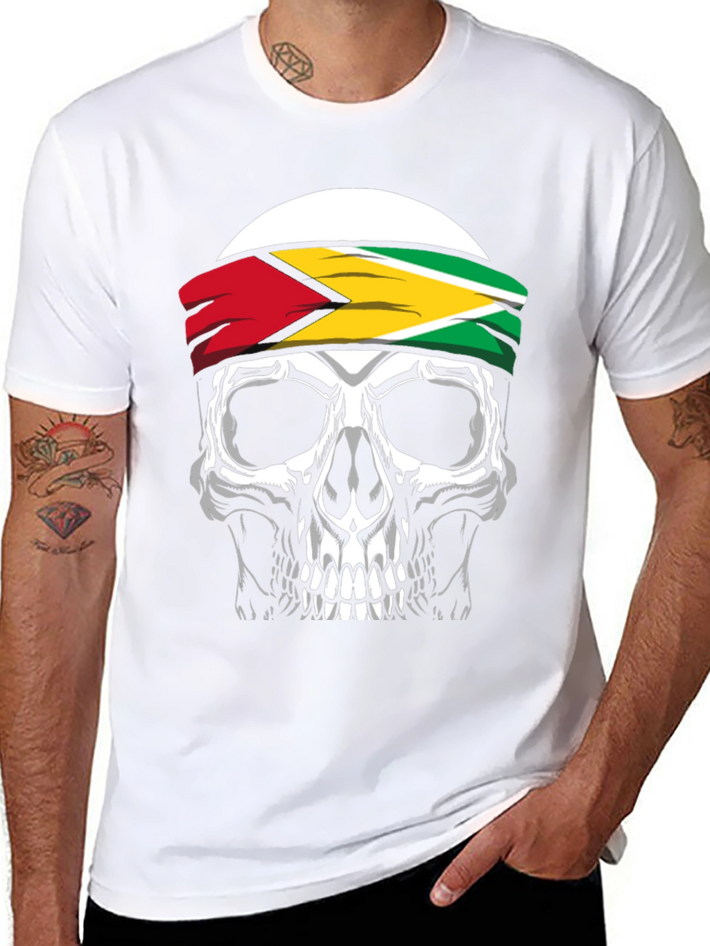 Skull Guyana Flag Headband Graphic T-Shirt