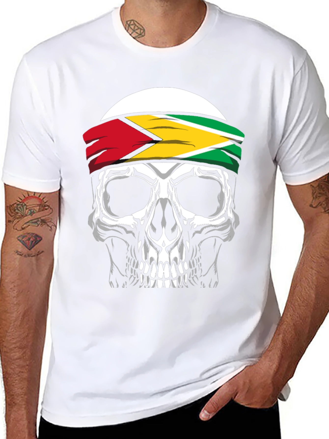 Skull Guyana Flag Headband Graphic T-Shirt