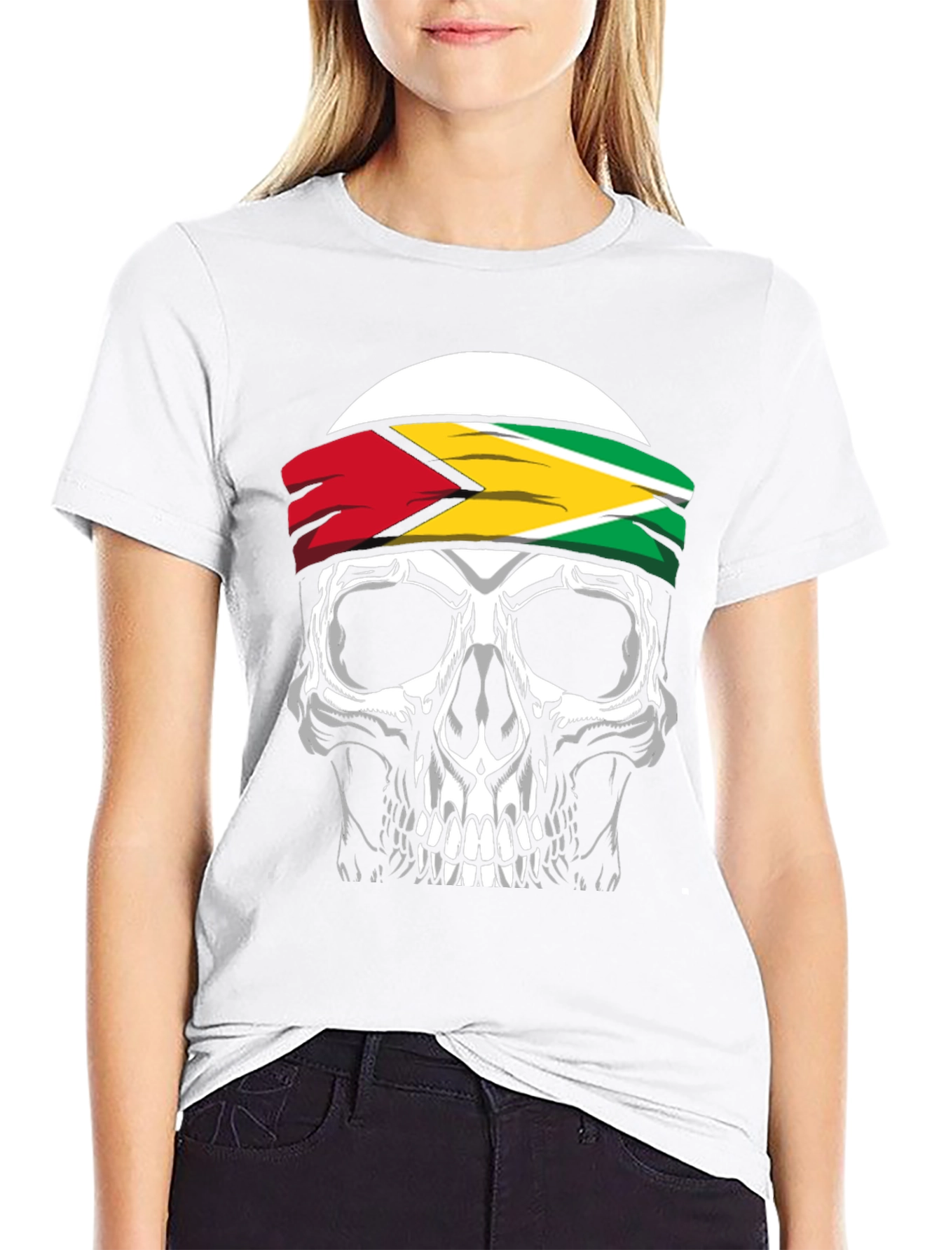 Skull Guyana Flag Headband Graphic T-Shirt