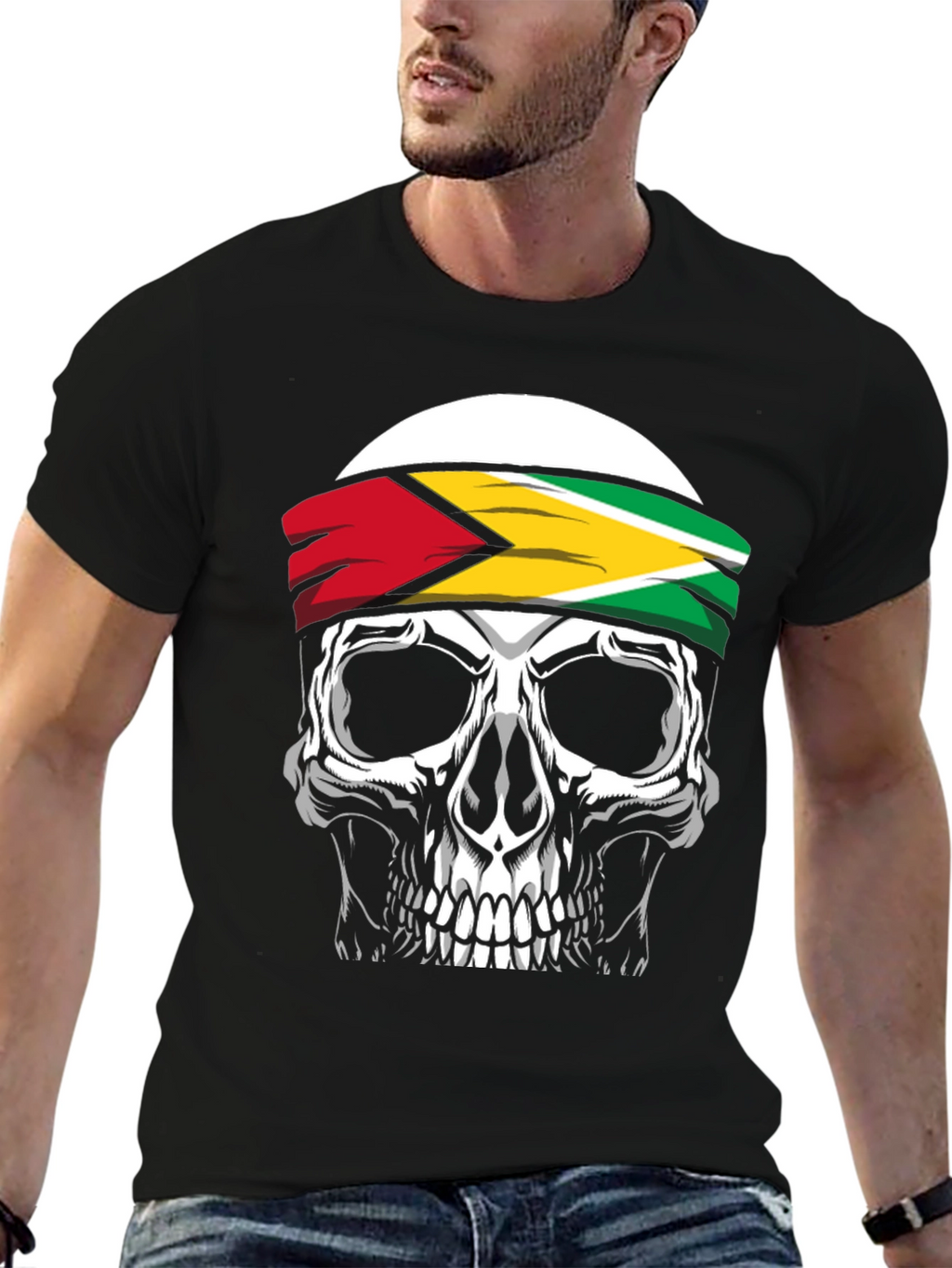 Skull Guyana Flag Headband Graphic T-Shirt