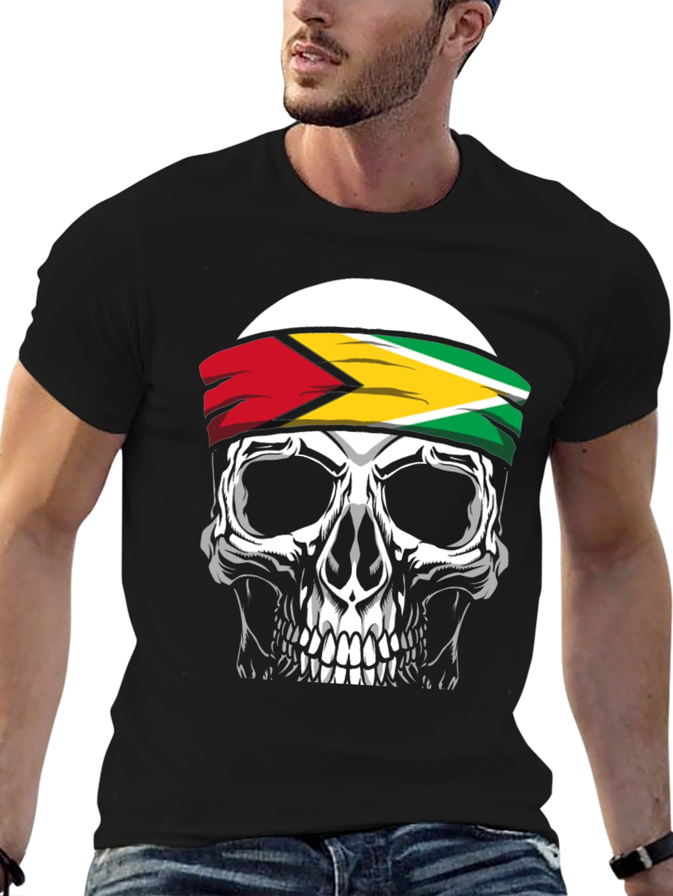Skull Guyana Flag Headband Graphic T-Shirt