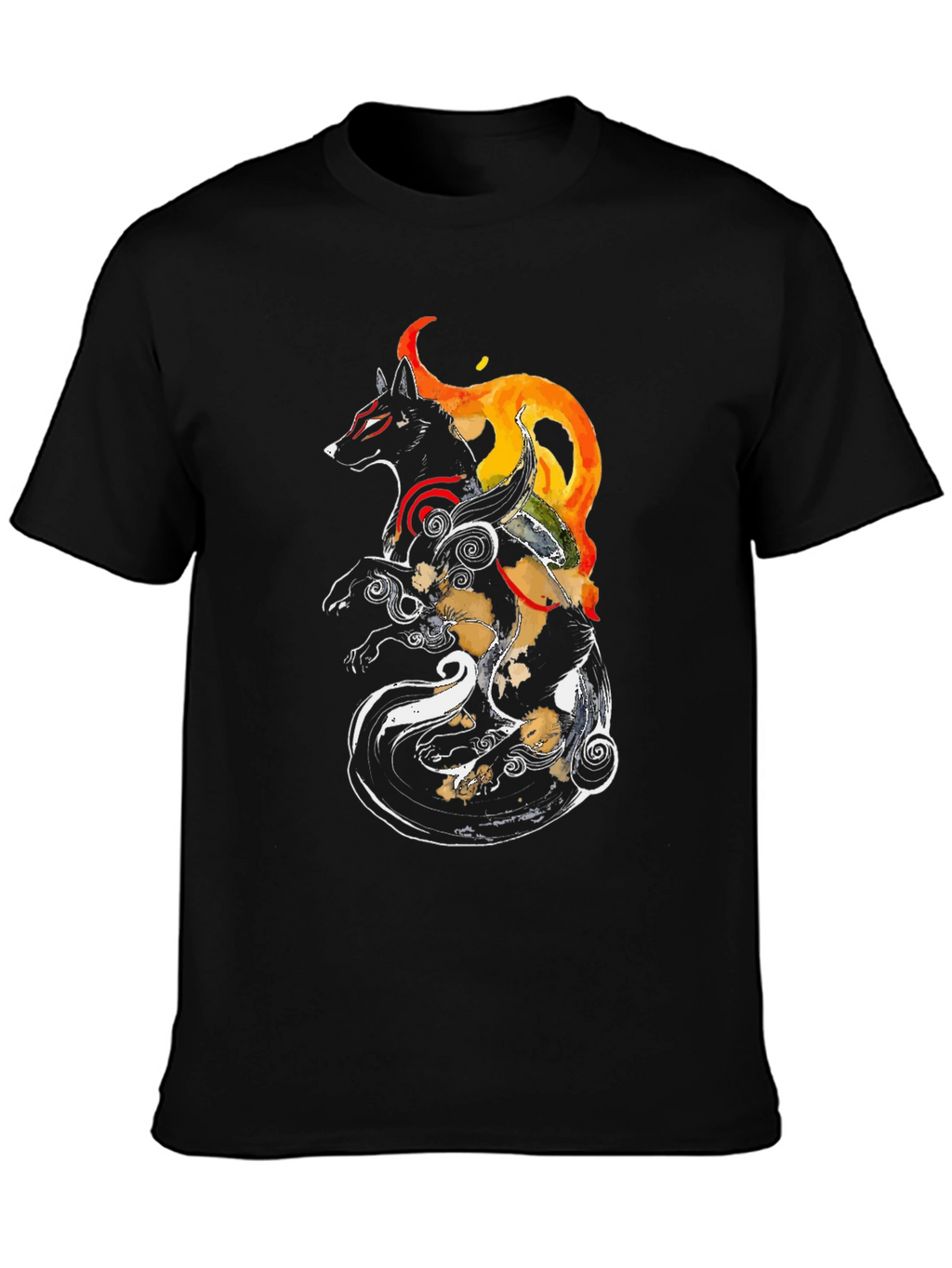 Okami Inspired Black Graphic Tee - Anime Wolf Shirt