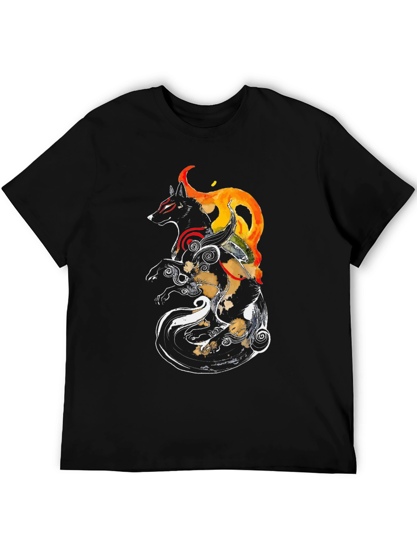 Okami Inspired Black Graphic Tee - Anime Wolf Shirt