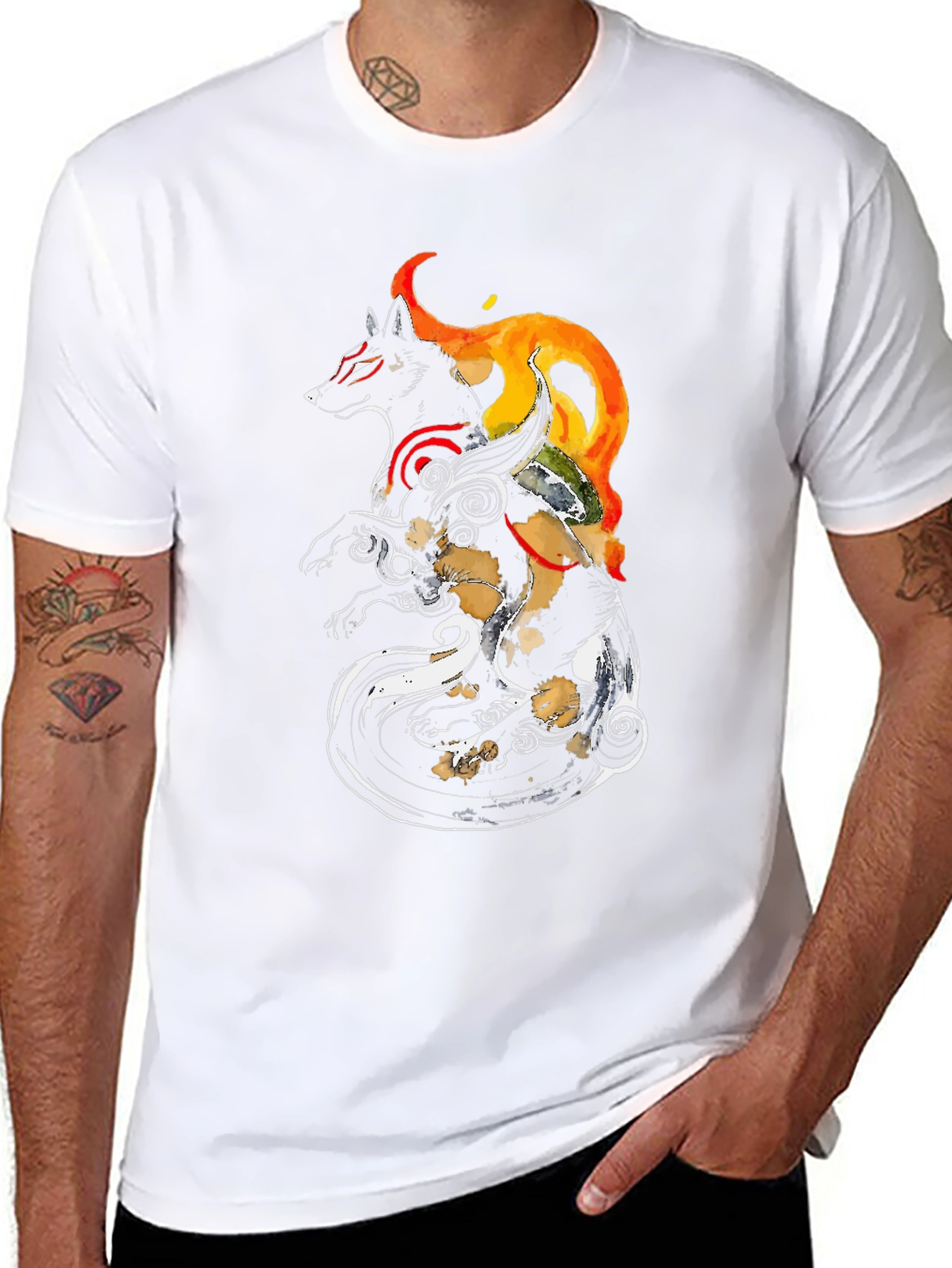 Okami Inspired Black Graphic Tee - Anime Wolf Shirt