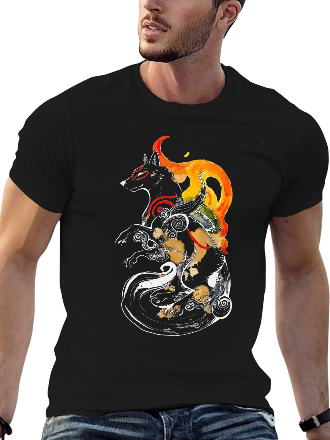 Okami Inspired Black Graphic Tee - Anime Wolf Shirt