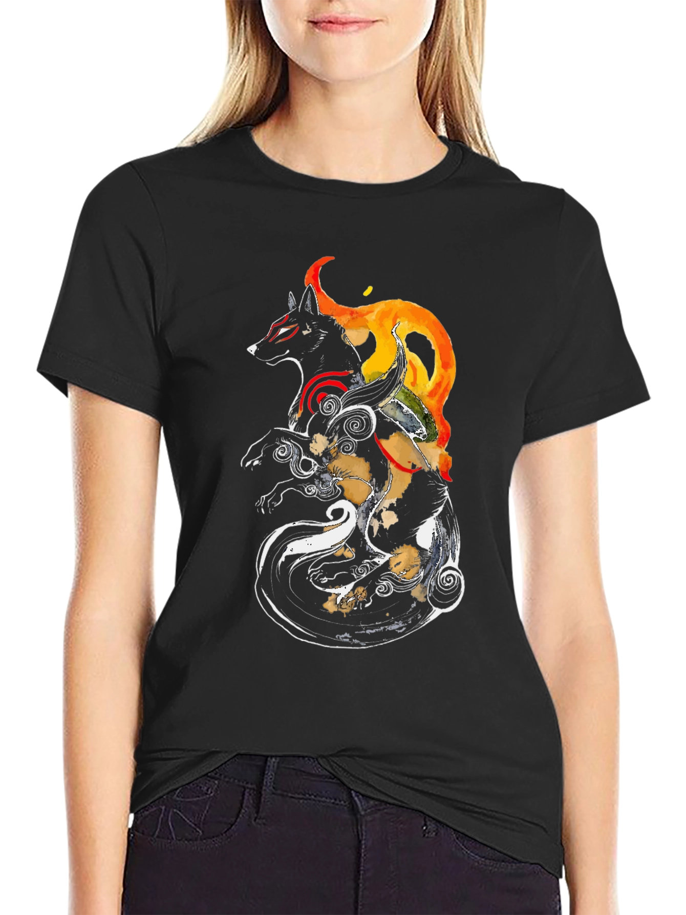 Okami Inspired Black Graphic Tee - Anime Wolf Shirt