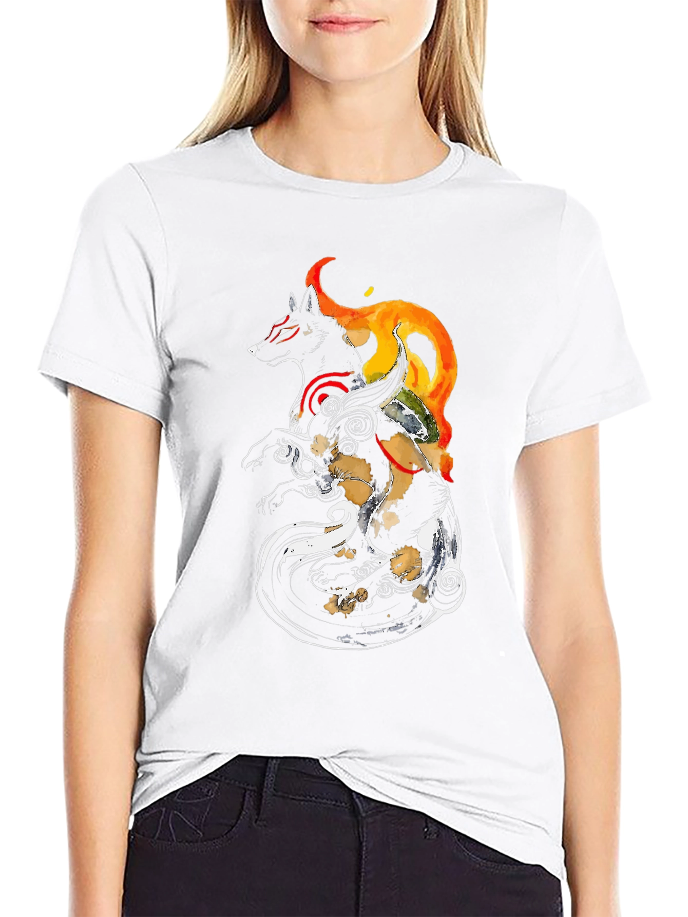 Okami Inspired Black Graphic Tee - Anime Wolf Shirt