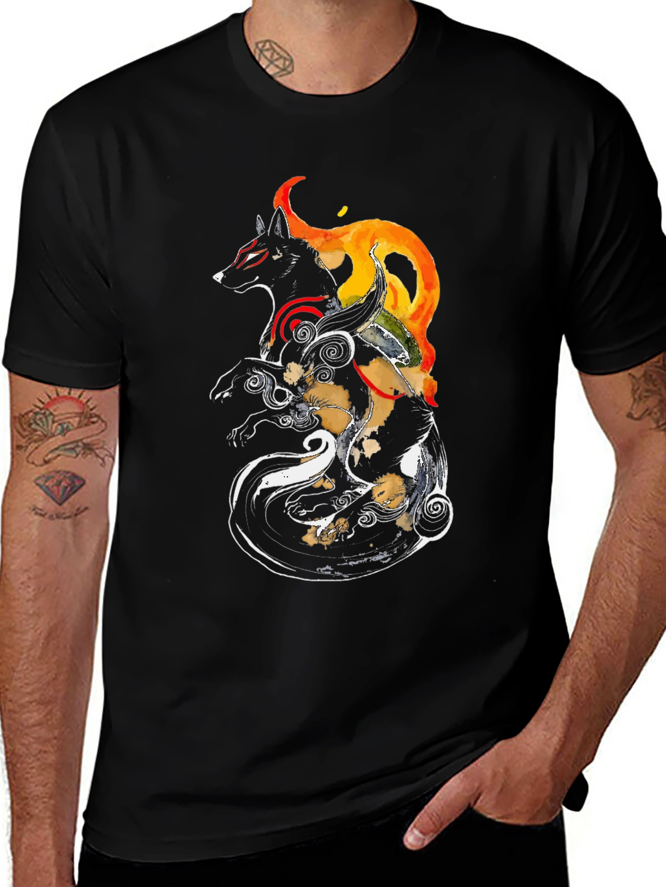 Okami Inspired Black Graphic Tee - Anime Wolf Shirt