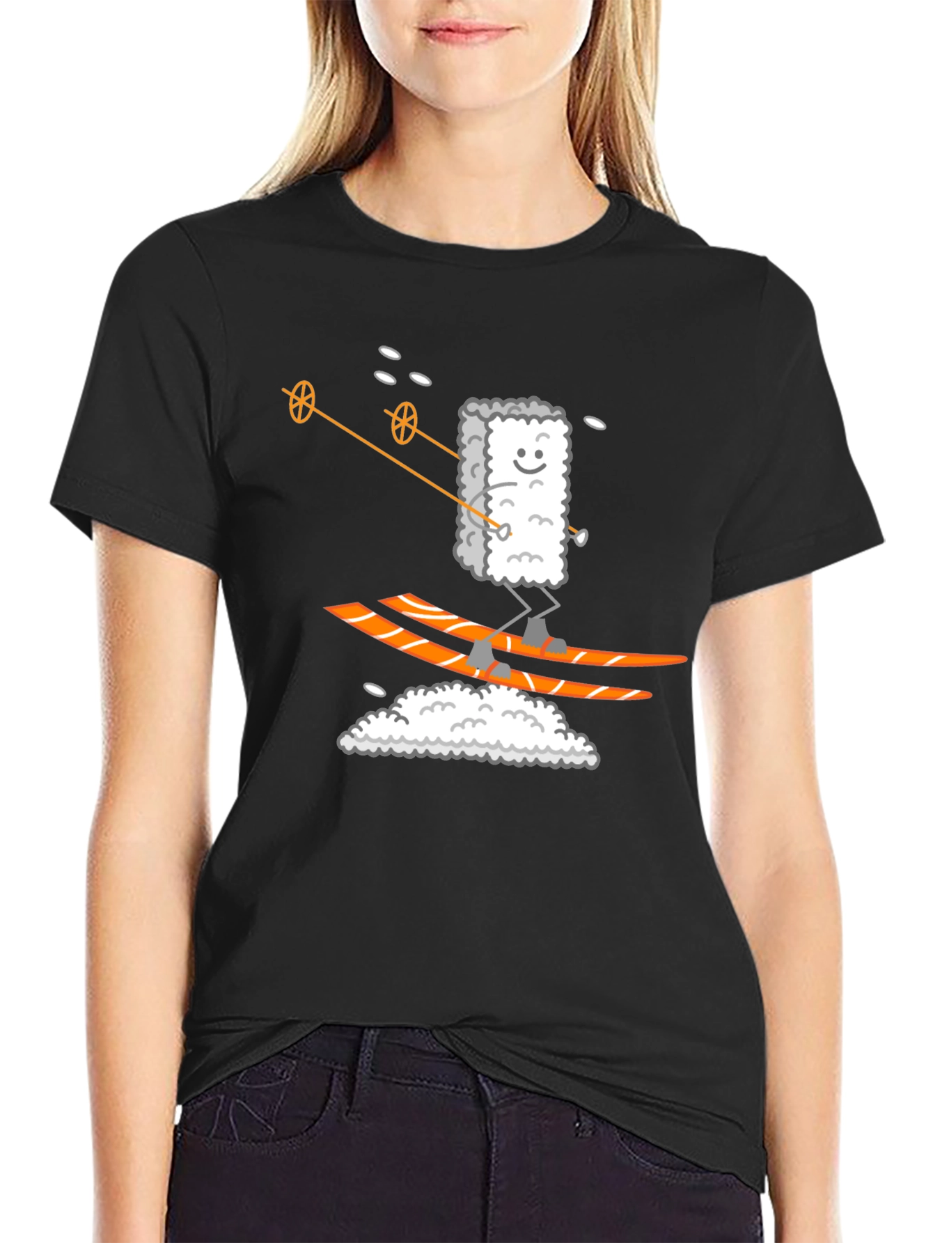 Sushi Skier Graphic Tee - Black Cotton T-Shirt