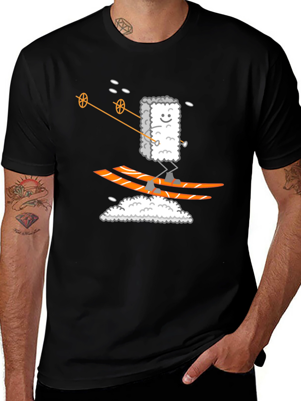 Sushi Skier Graphic Tee - Black Cotton T-Shirt