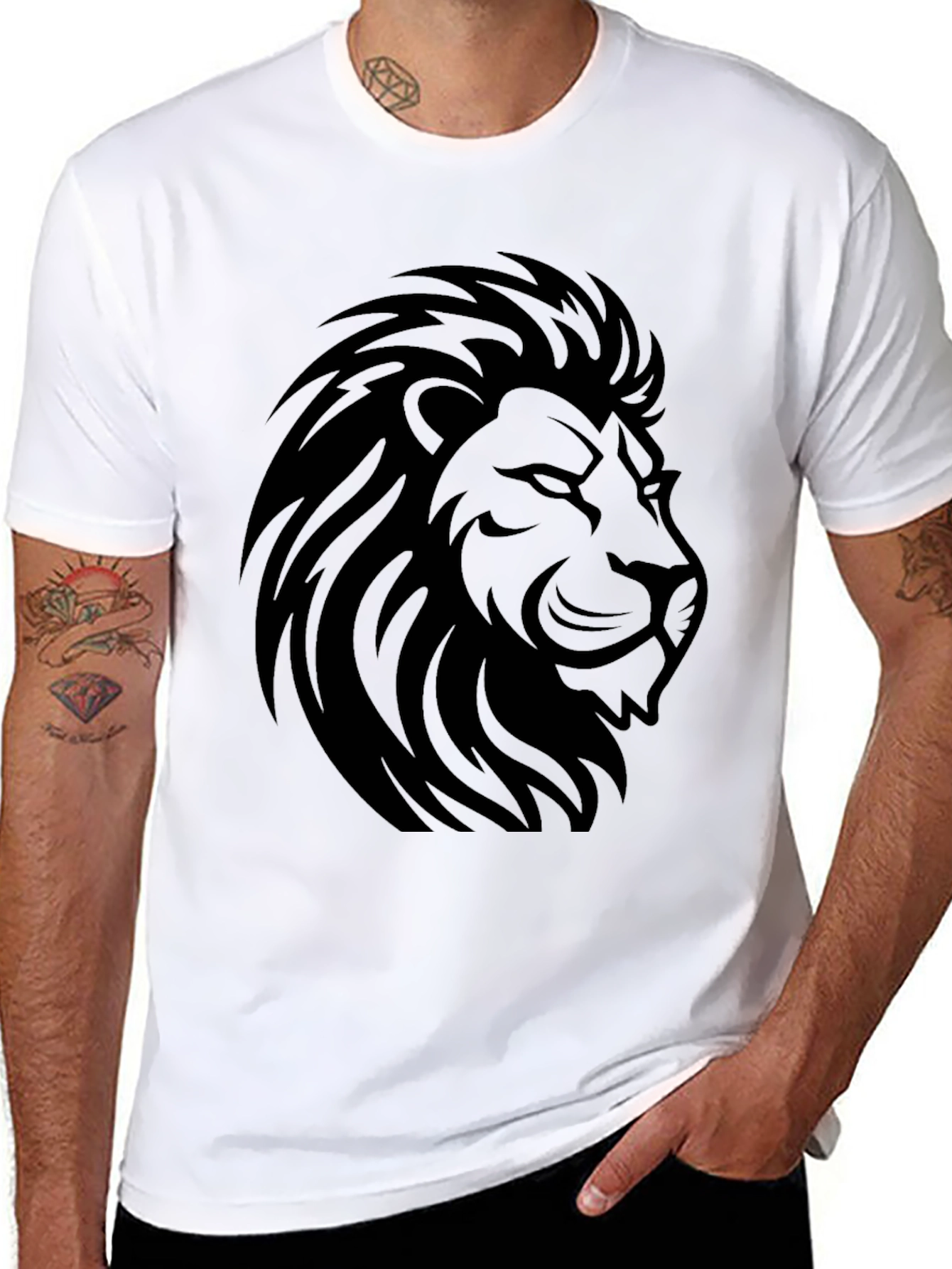 Lion Head Graphic Black T-Shirt - Mens Casual Tee