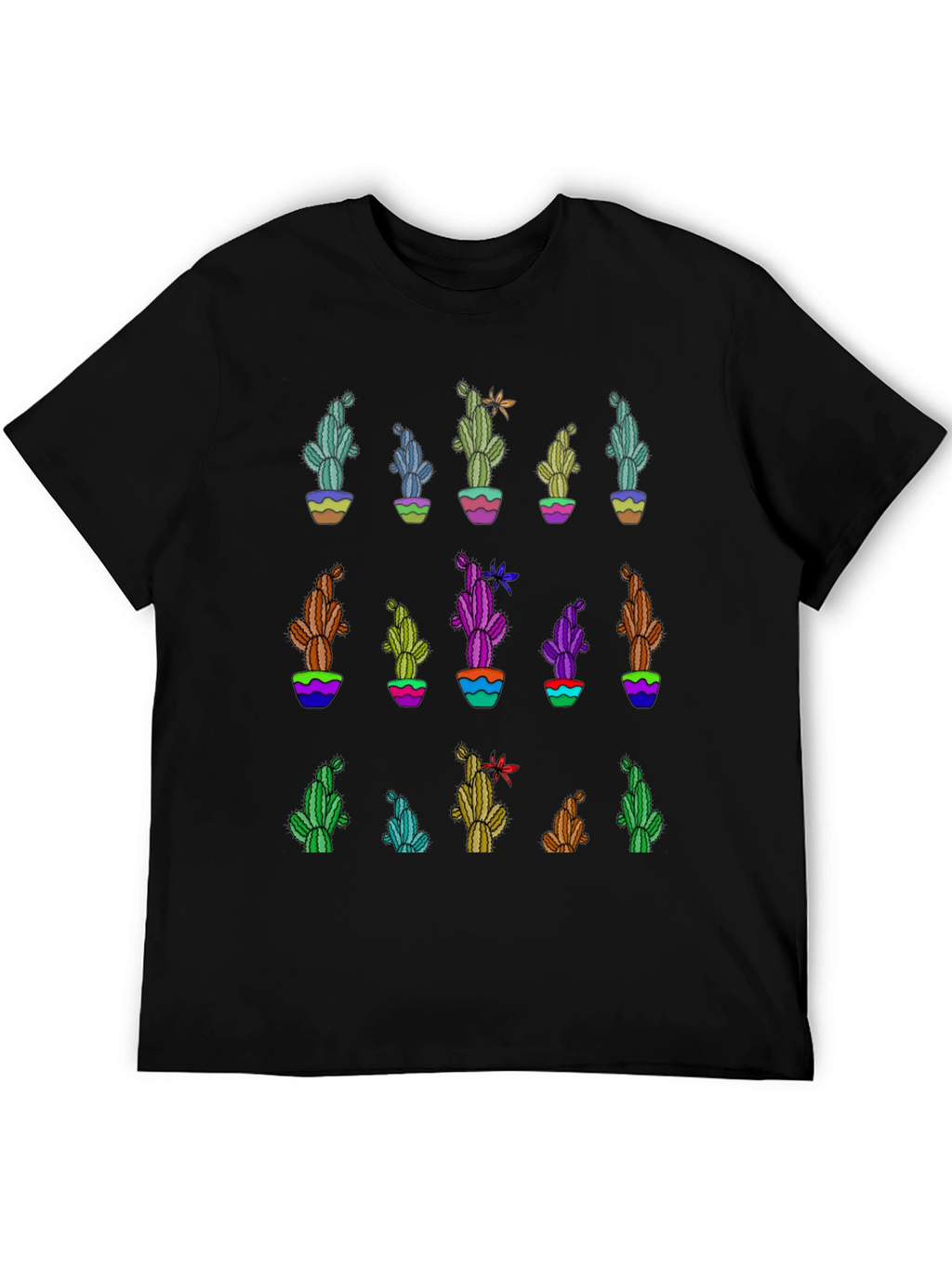 Cactus Print Black T-Shirt - Unique Design