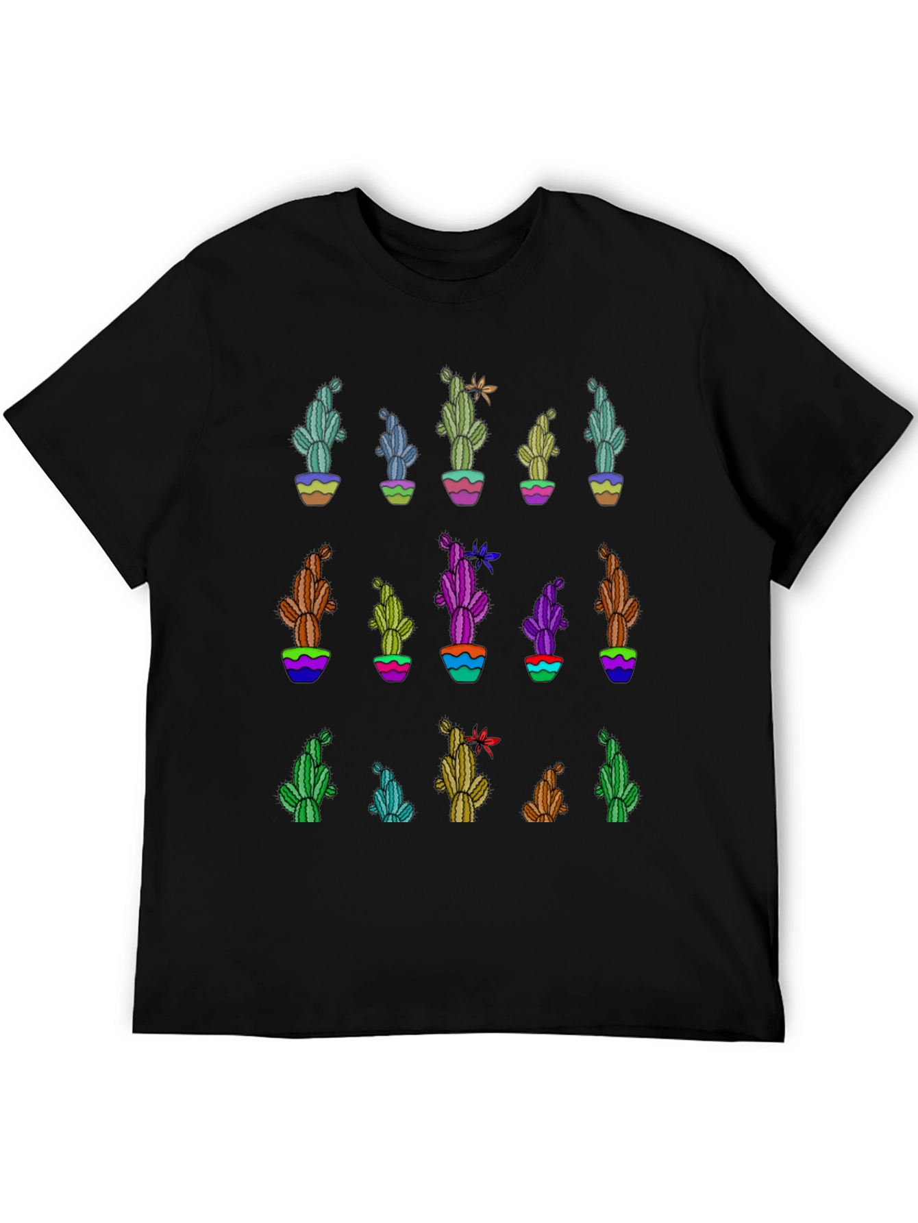 Cactus Print Black T-Shirt - Unique Design