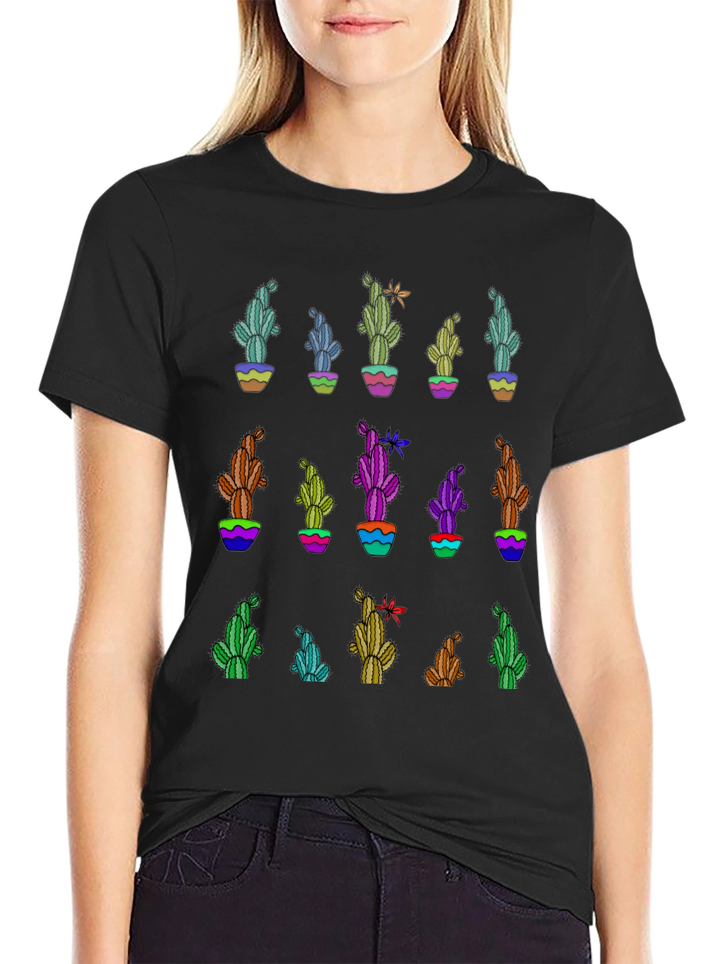 Cactus Print Black T-Shirt - Unique Design