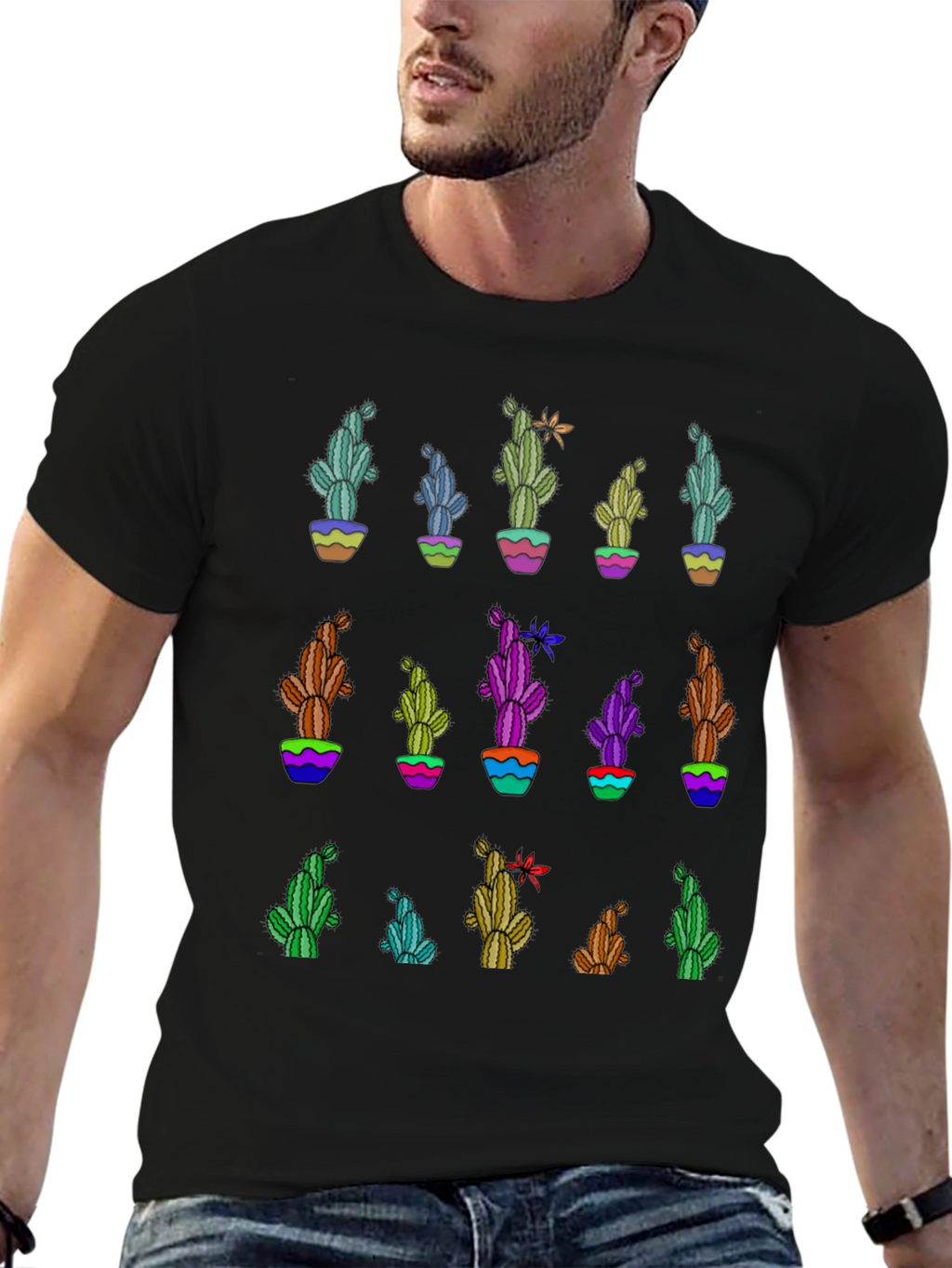 Cactus Print Black T-Shirt - Unique Design