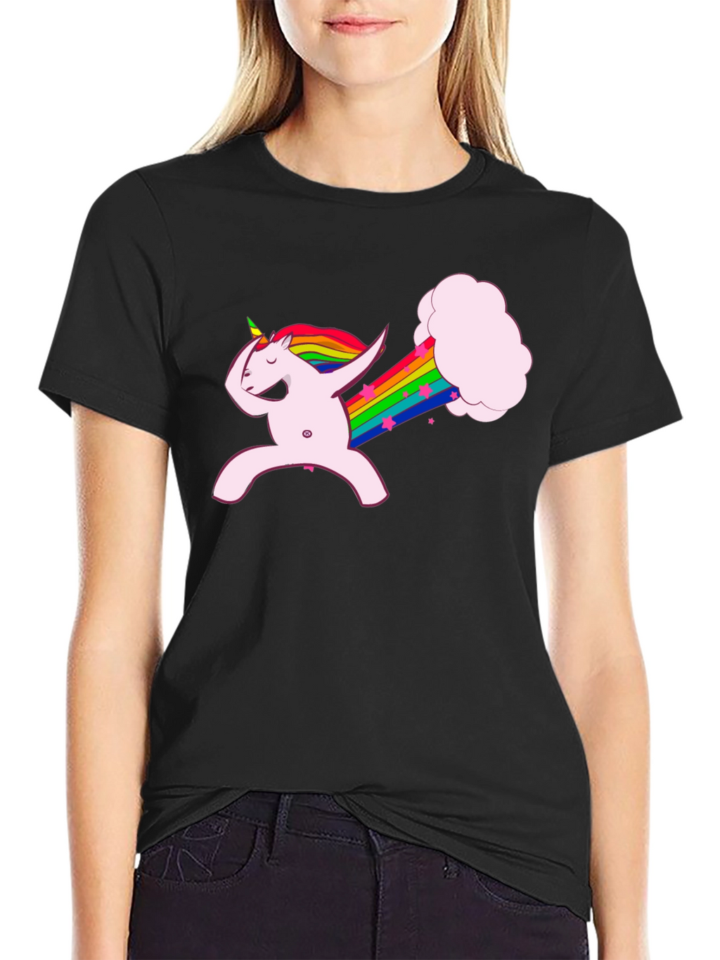 Dabbing Unicorn Rainbow Fart Black T-Shirt