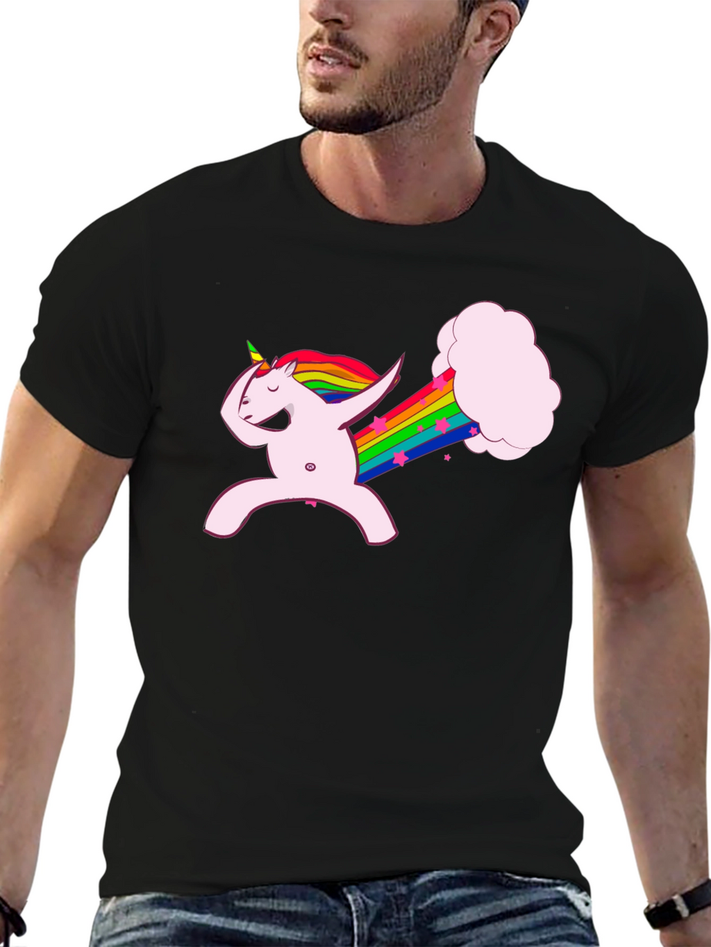 Dabbing Unicorn Rainbow Fart Black T-Shirt