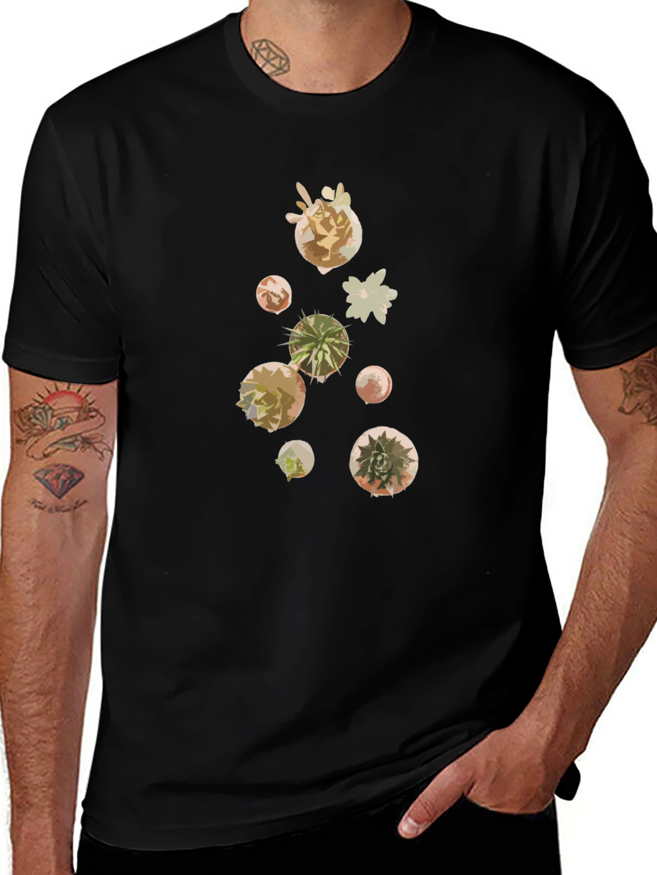 Modern Succulent Print Black T-Shirt