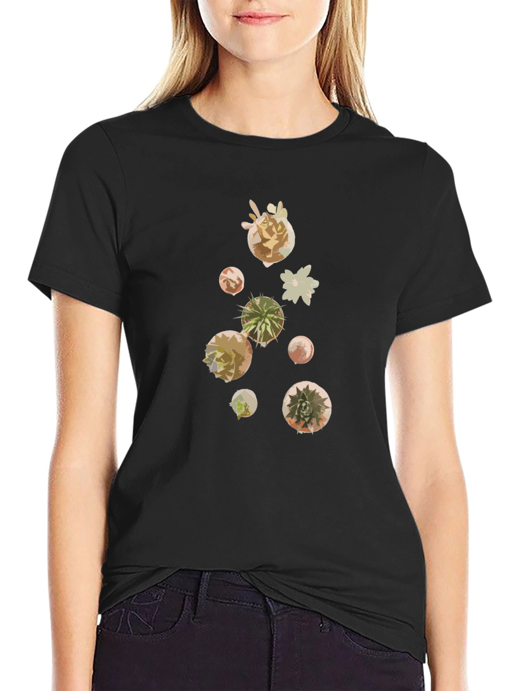 Modern Succulent Print Black T-Shirt