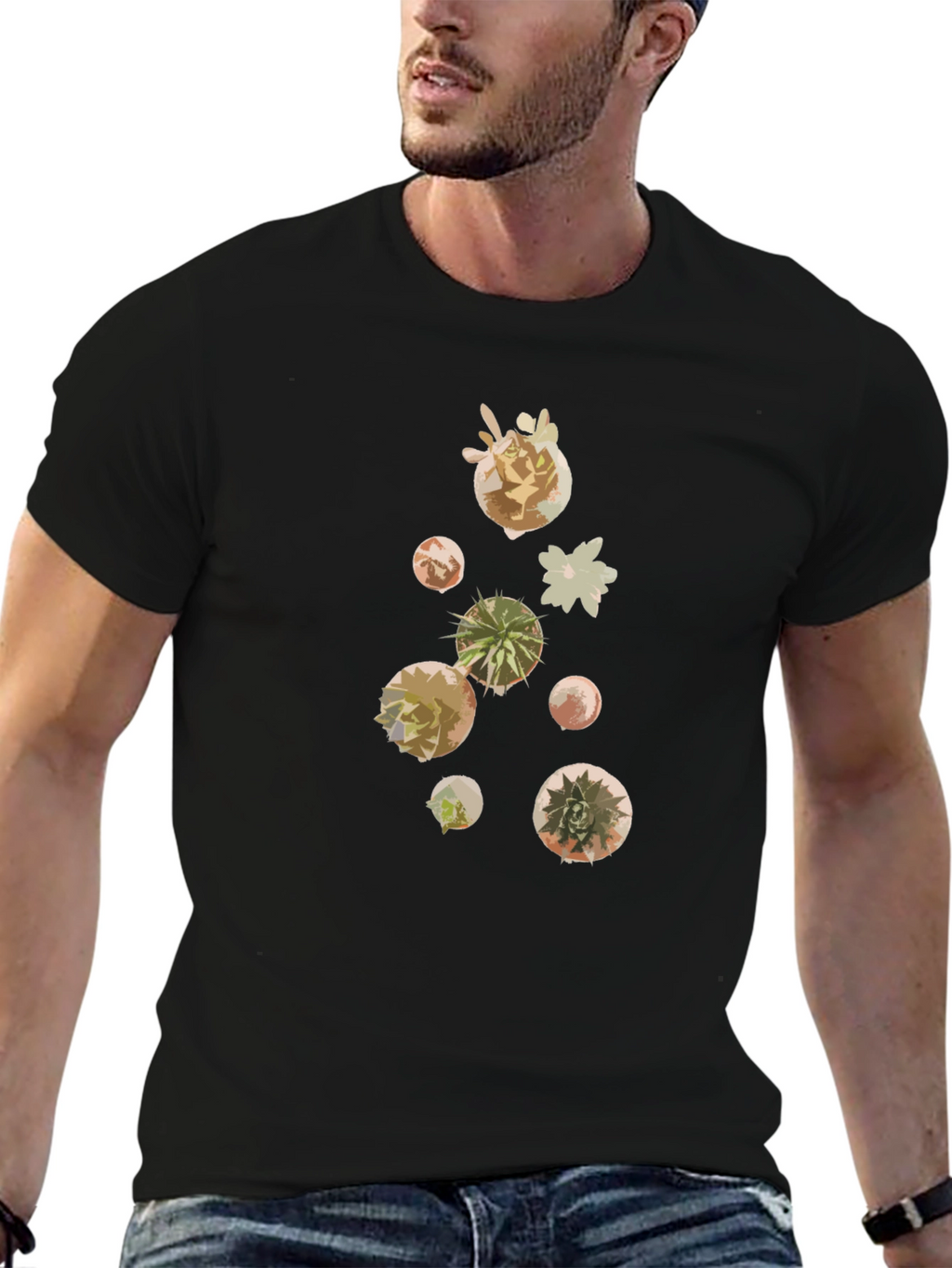 Modern Succulent Print Black T-Shirt