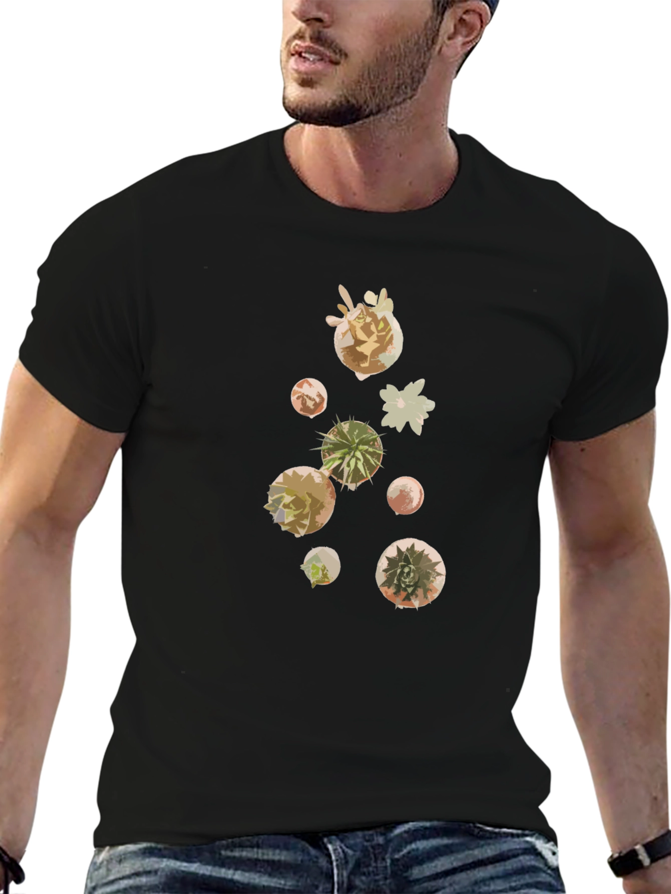 Modern Succulent Print Black T-Shirt