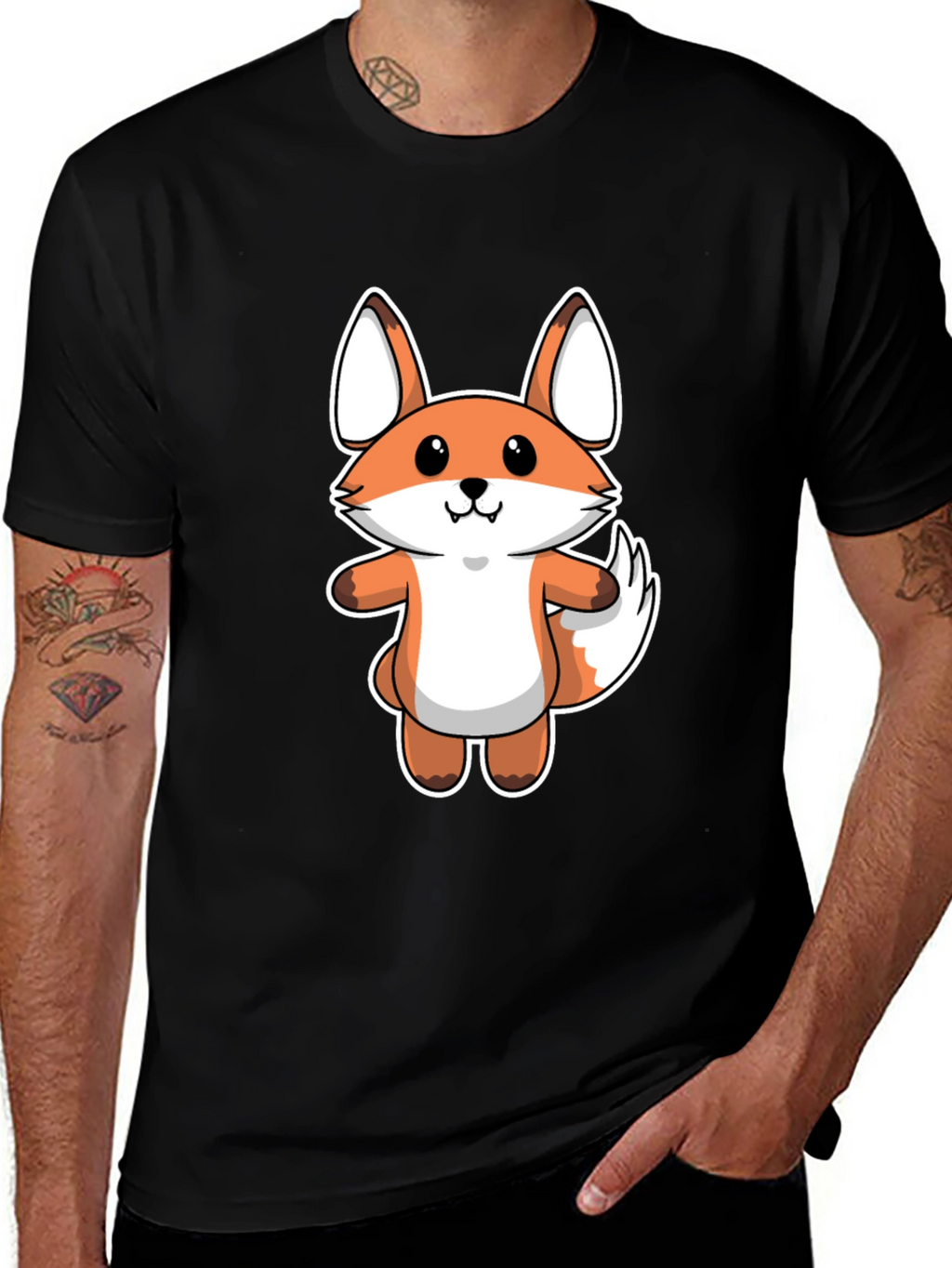 Cartoon Fox Graphic Tee - Black Cotton T-Shirt