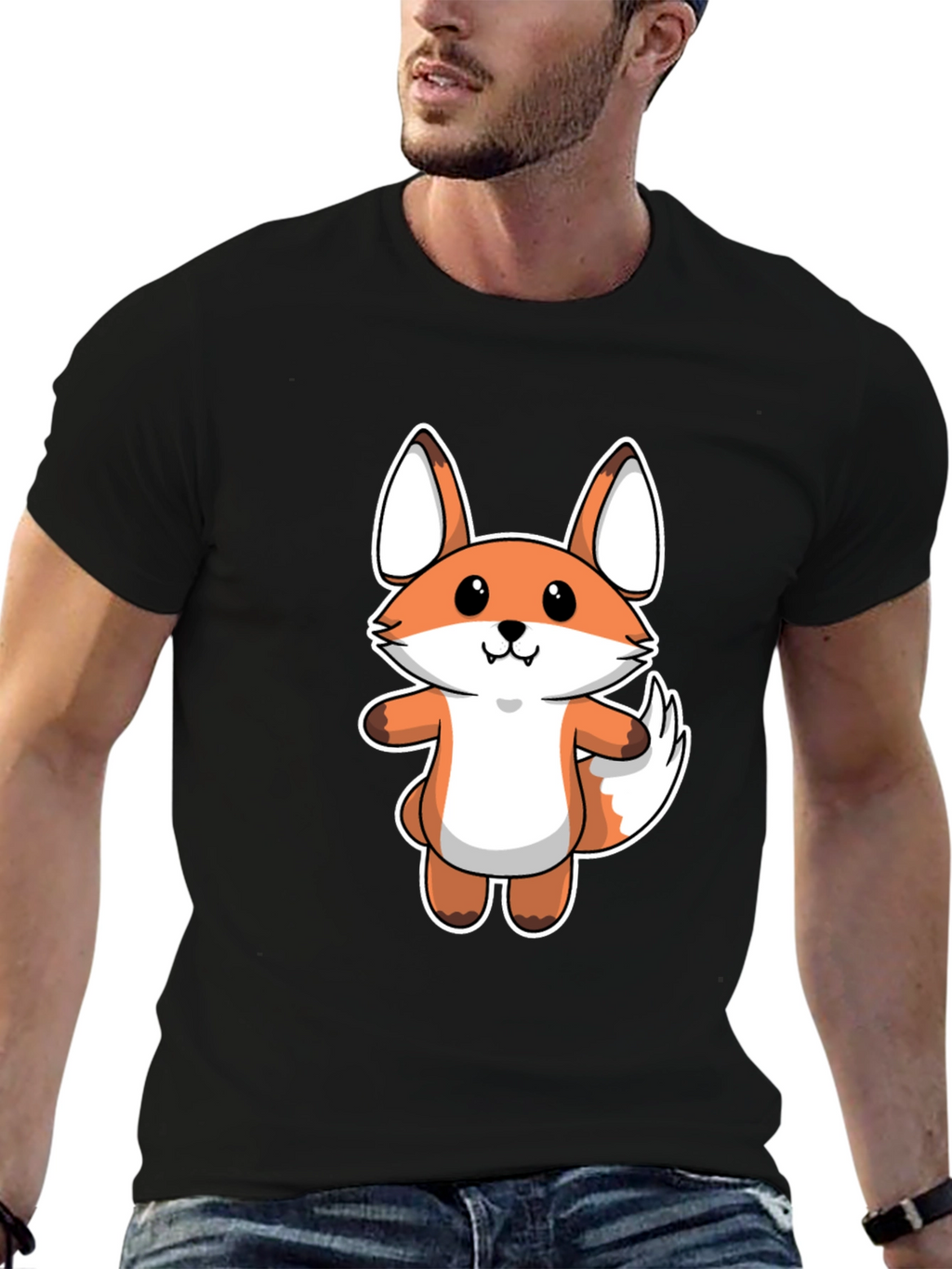Cartoon Fox Graphic Tee - Black Cotton T-Shirt