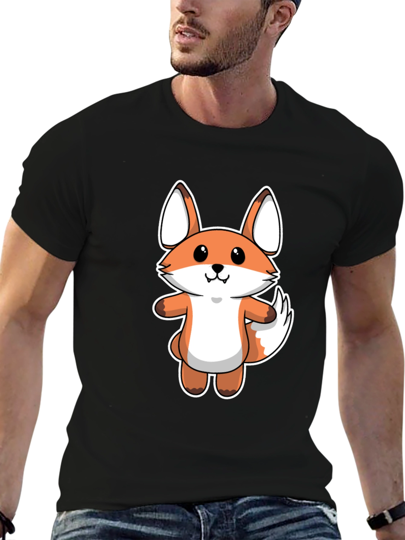 Cartoon Fox Graphic Tee - Black Cotton T-Shirt