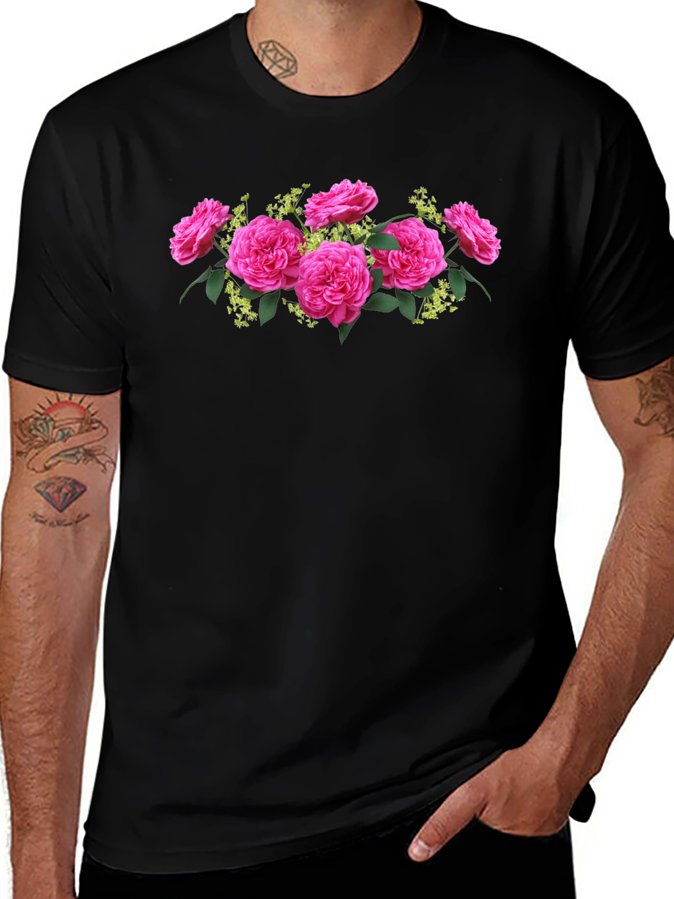 Floral Rose Graphic Tee - Elegant Black T-Shirt