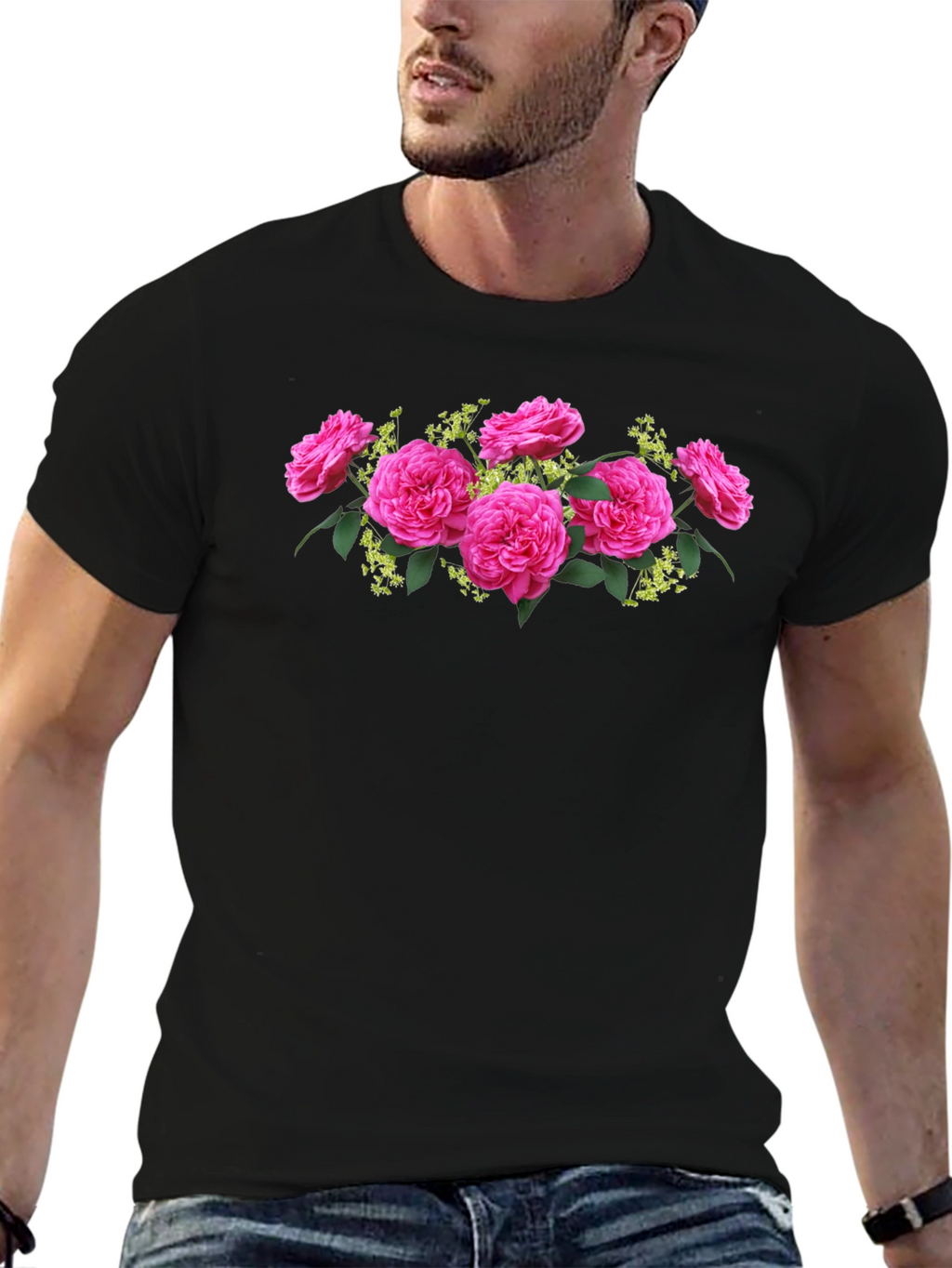 Floral Rose Graphic Tee - Elegant Black T-Shirt