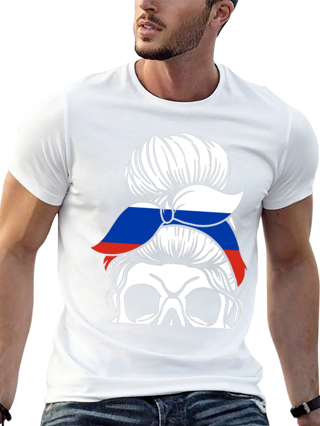 Skull Messy Bun Russia Flag T-Shirt