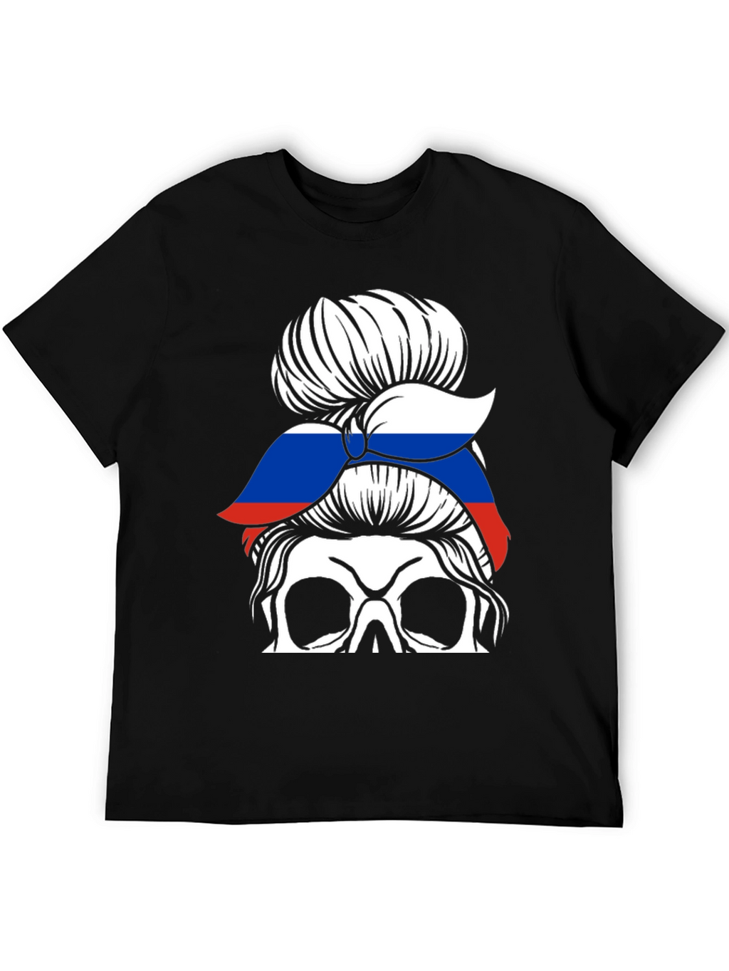 Skull Messy Bun Russia Flag T-Shirt